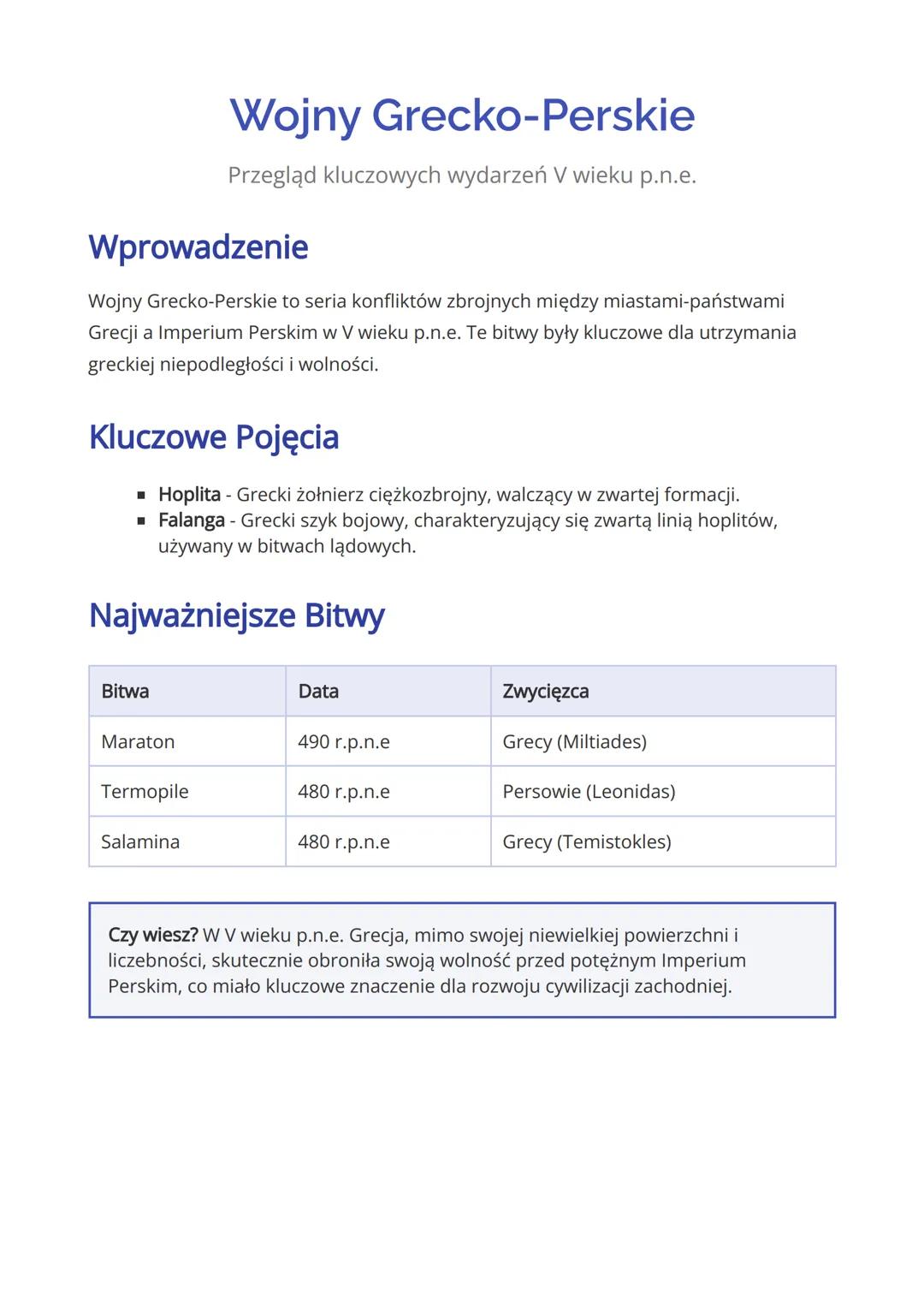 # Wojny Grecko-Perskie
Przegląd kluczowych wydarzeń V wieku p.n.e.
## Wprowadzenie
Wojny Grecko-Perskie to seria konfliktów zbrojnych mię