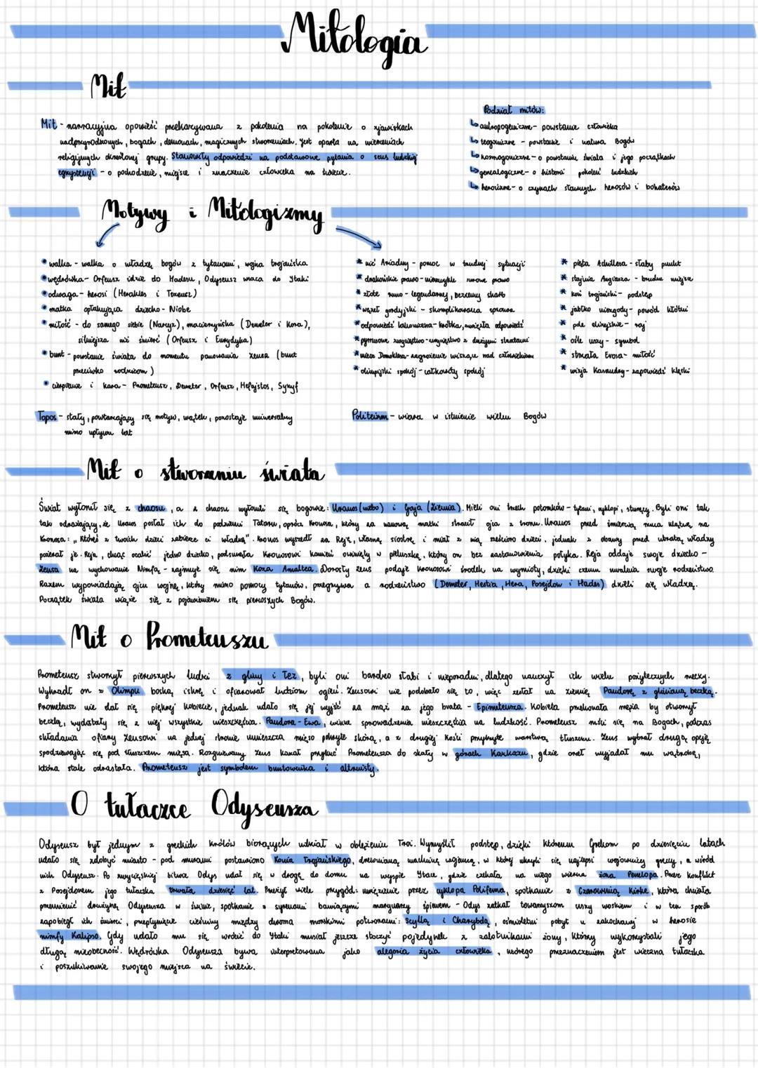 # Mitologia
## Mit
Mit-narracyjna opowieść prekornywana z pokolenia na pokebuie o xjowiskach
nadprigrodnowych, bogach, demonach, magicznyc