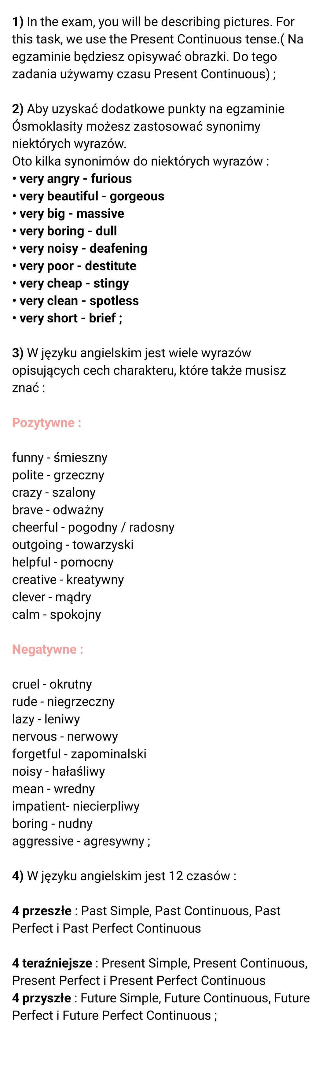 1) In the exam, you will be describing pictures. For
this task, we use the Present Continuous tense. (Na
egzaminie będziesz opisywać obrazki