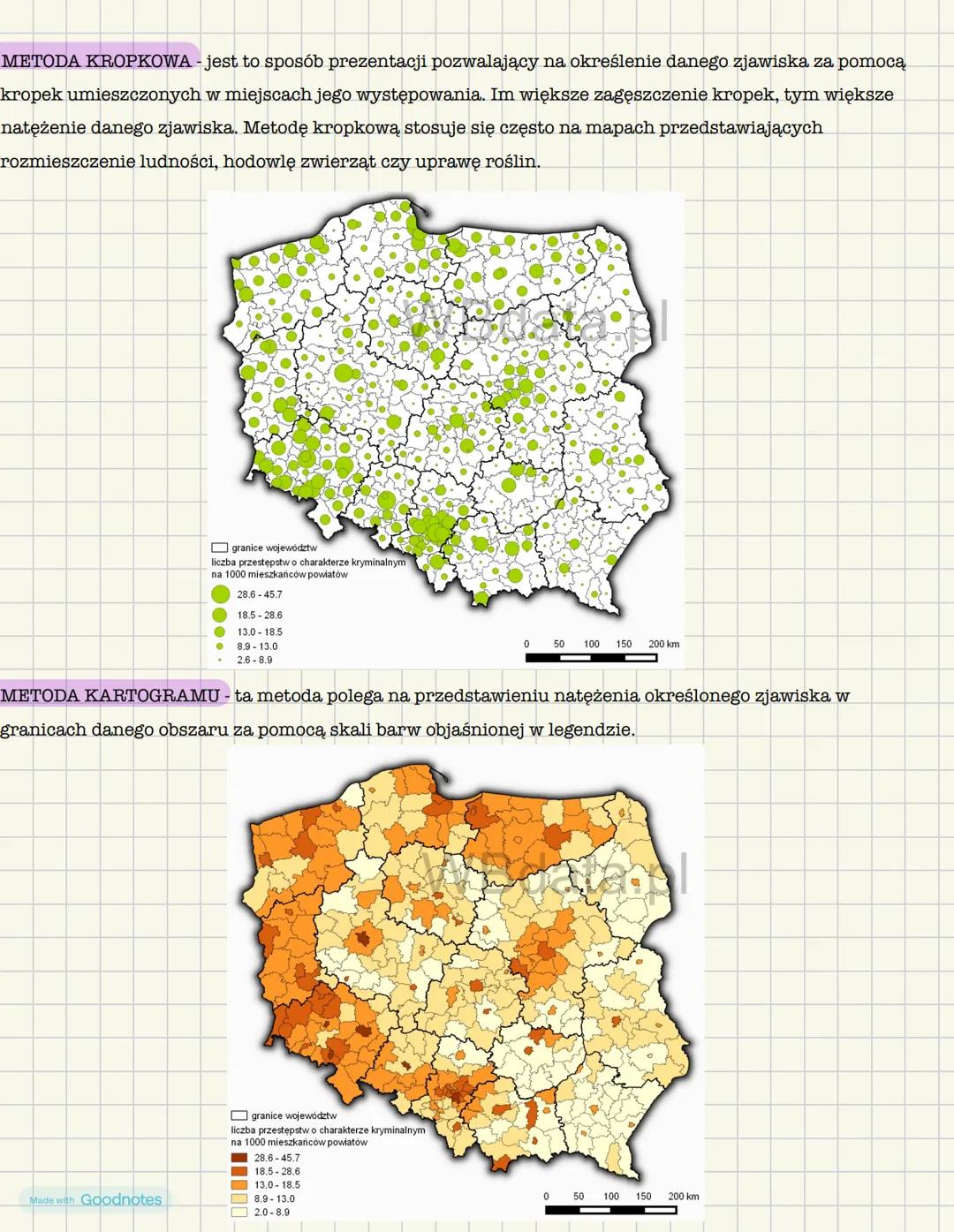 # Metody prezentowania informacji na mapach
Jakie wyróżnia się ilościowe oraz jakościowe metody prezentacji zjawisk na mapach?
Ilościowe m