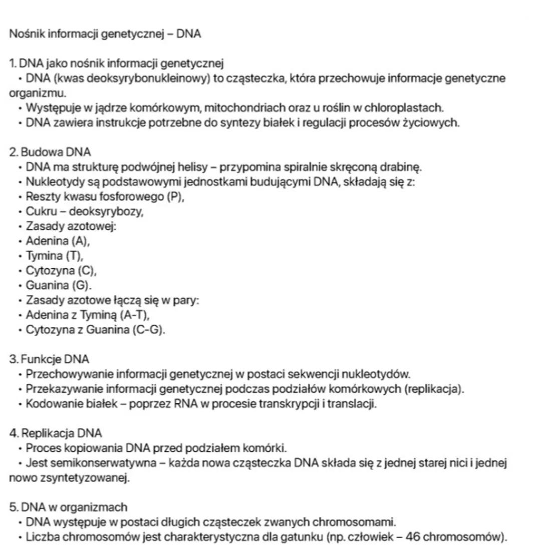 # Nośnik informacji genetycznej - DNA
1. DNA jako nośnik informacji genetycznej
* DNA (kwas deoksyrybonukleinowy) to cząsteczka, która p