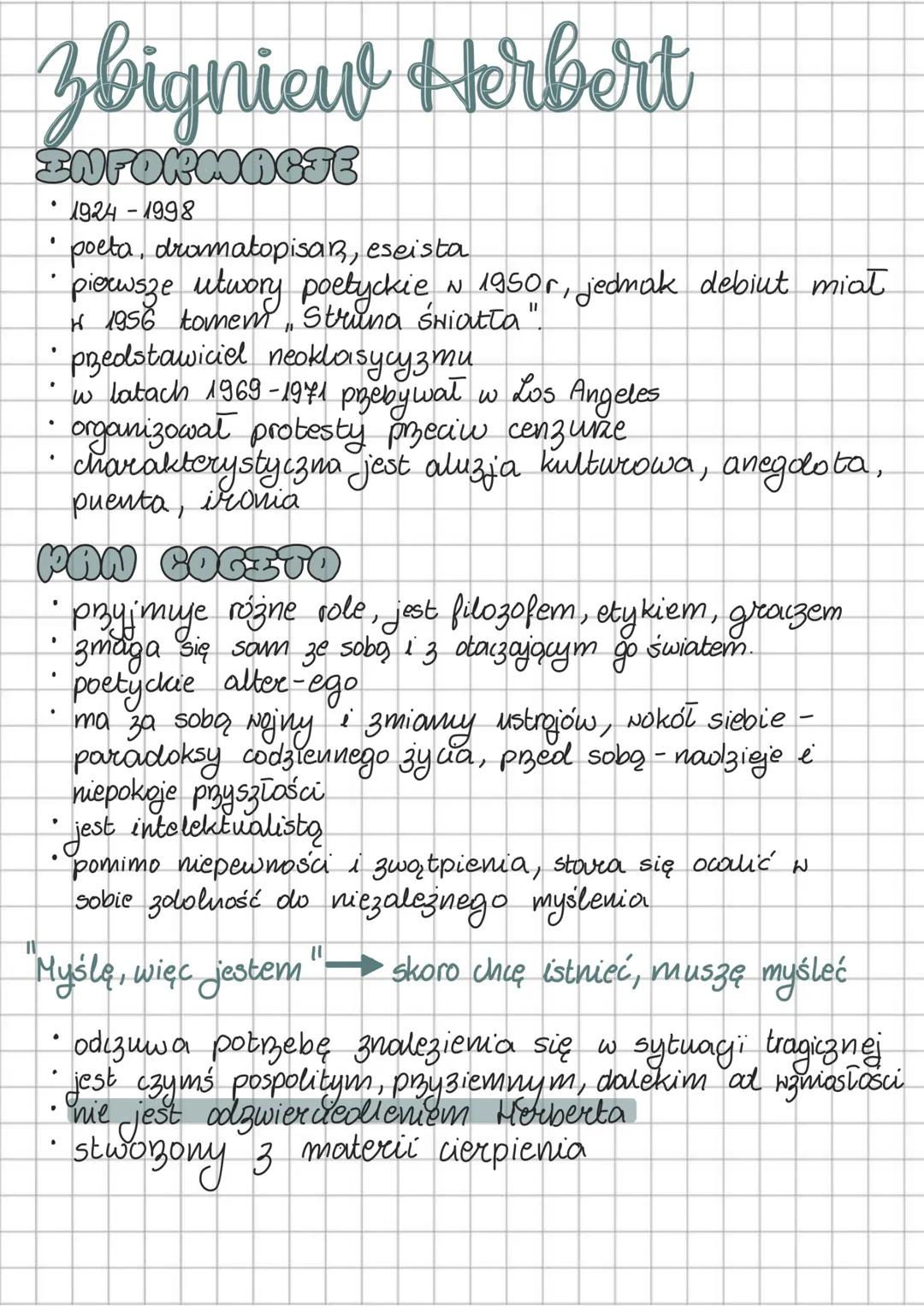 # Zbigniew Herbert
INFORMACJE
* 1924-1998
* poeta, dramatopisan, eseista
* pierwsze utwory poetyckie ~ 1950r, jednak debiut miał
