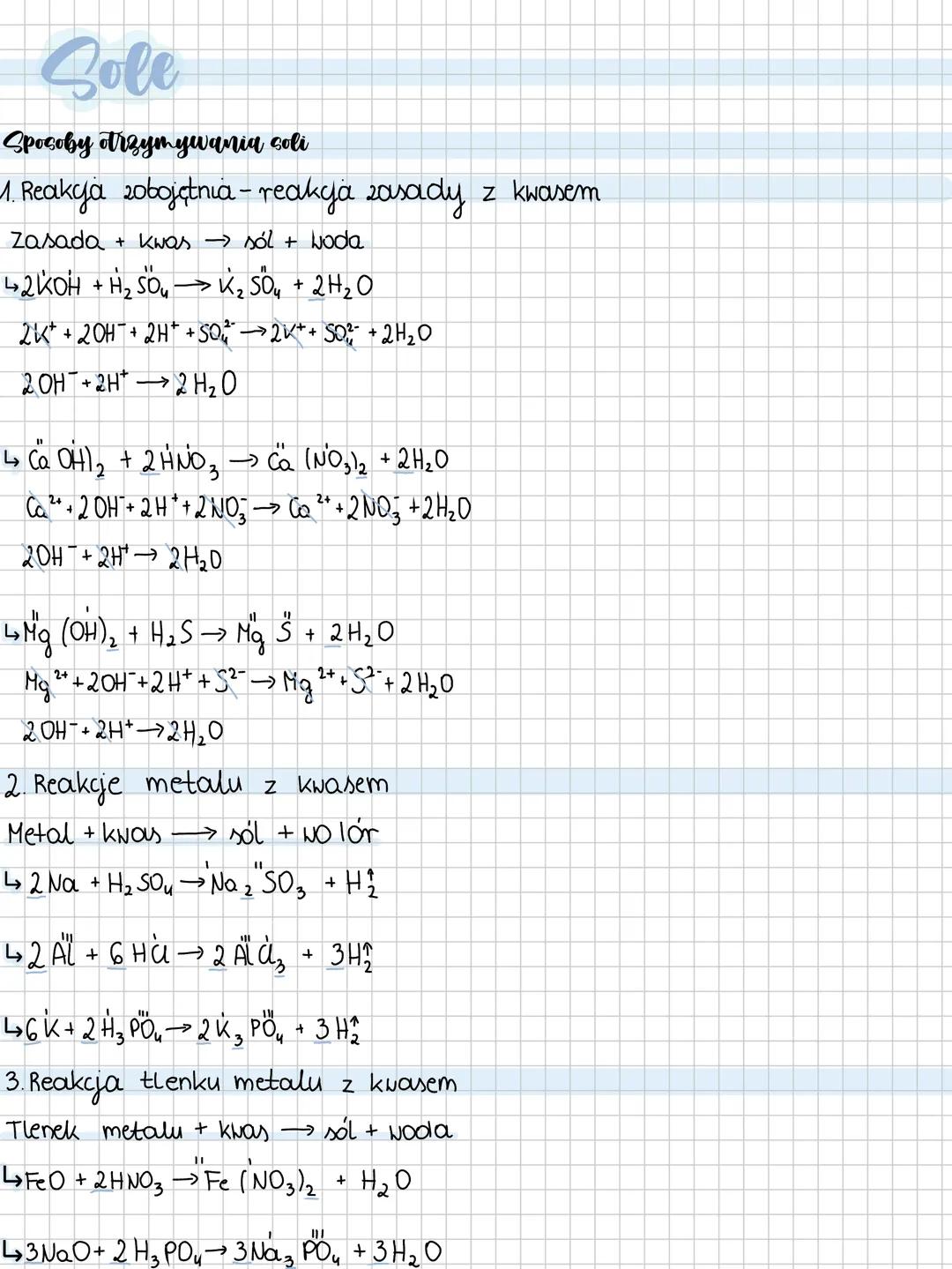 # Sole
Sposoby trzymywania soli
1. Reakya zobojętnia-reakjá zasady z kwasem
Zasada + kwas → sól + woda
↳2KOH+H₂SO₄ → K₂SO₄ + 2H2O
2K++2