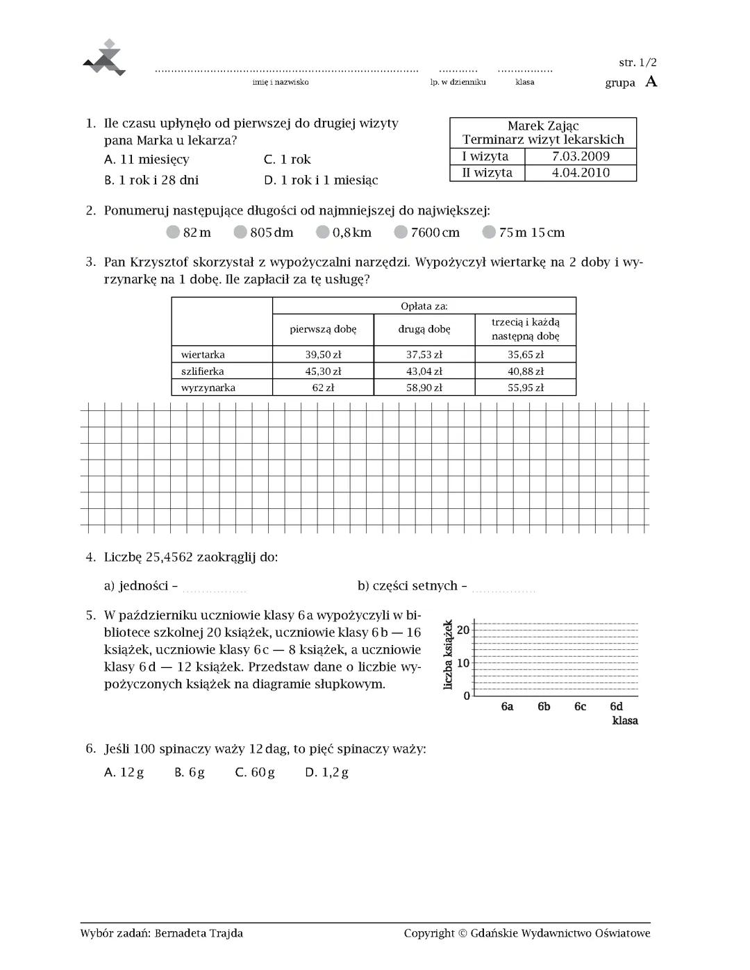 Sprawdzian matematyka klasa 6 liczby na co dzień