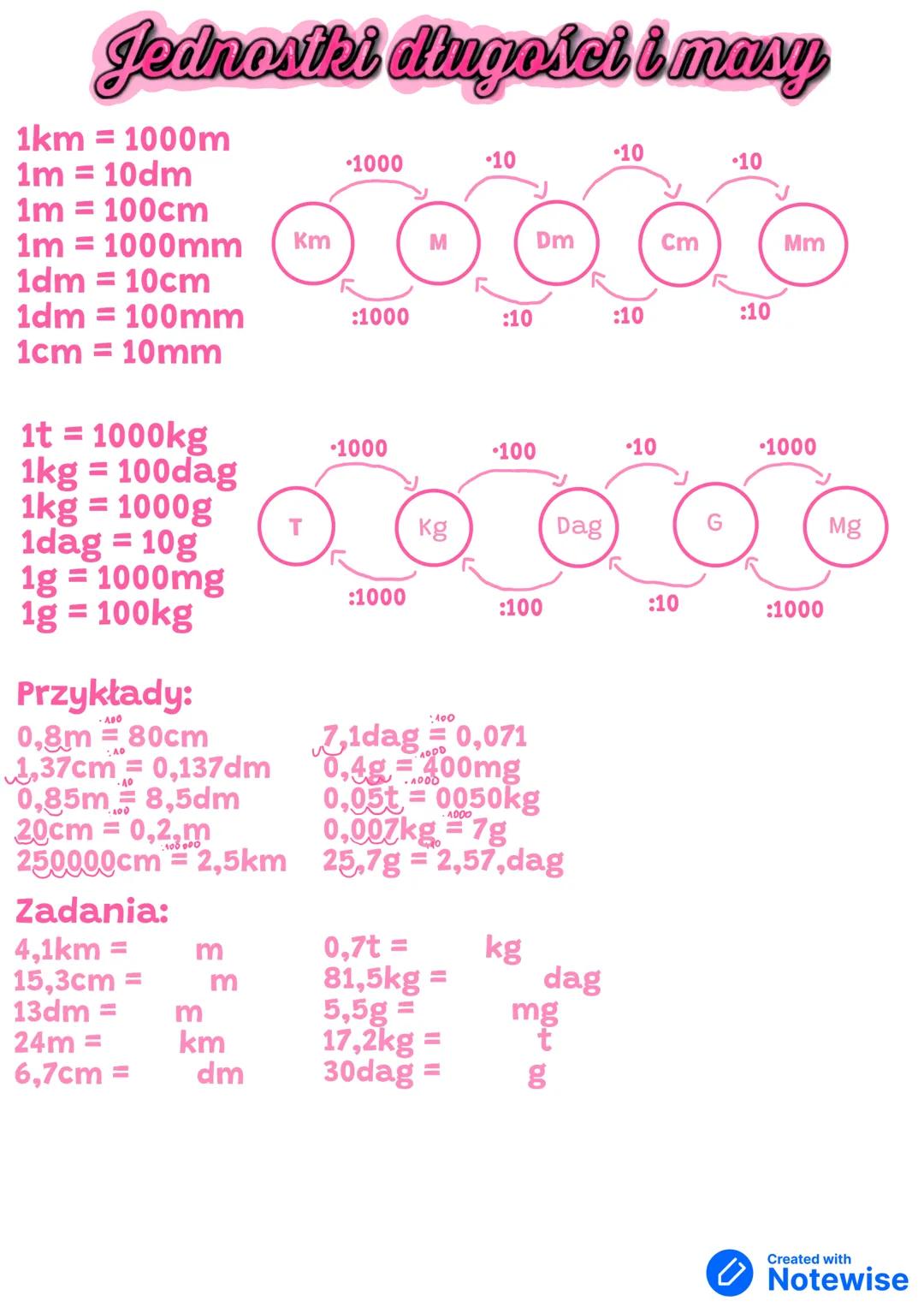 Jednostki dingości i masy
1km = 1000m
•1000
•10
•10
•10
1m = 10dm
1m = 100cm
1m = 1000mm
Km
M
cm
Mm
1dm=10cm
1dm
100mm
:1000
:10
:10
:10
1cm
