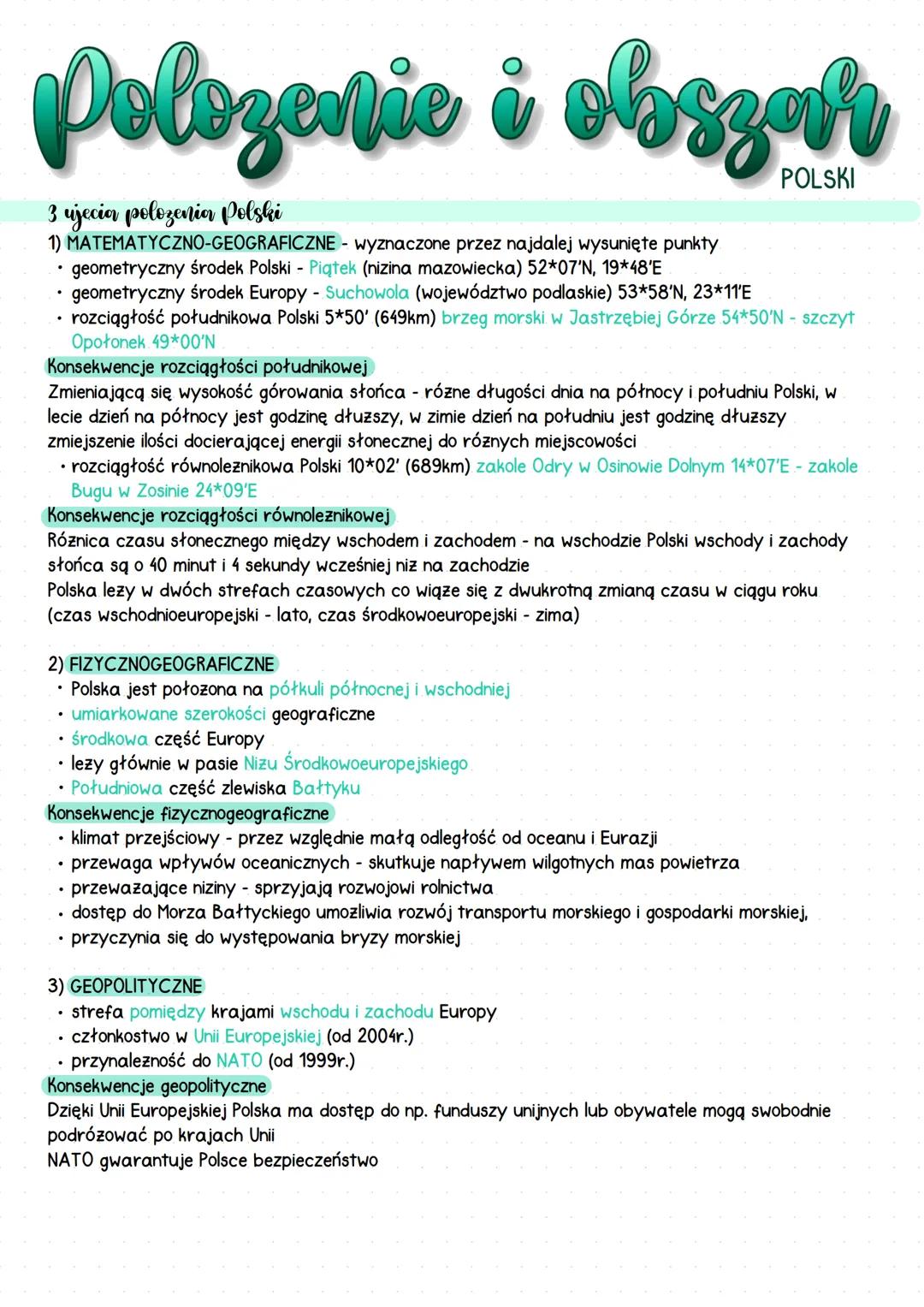 Polozenie i obszar
3 ujecia polozenia Polski
1) MATEMATYCZNO-GEOGRAFICZNE - wyznaczone przez najdalej wysunięte punkty.
geometryczny środek