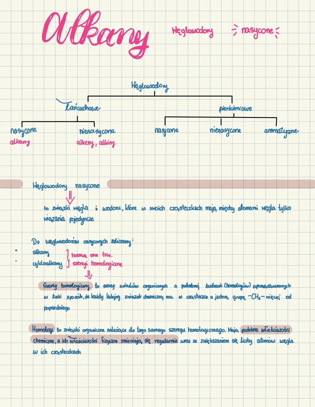 Węglowodory nasycone
alkanyang
Węglowodory $\div$ nasycone
Lańcuchowe
pierścieniowe
nasycone
alkany
nienasycone
alkeny, alking
nasycone