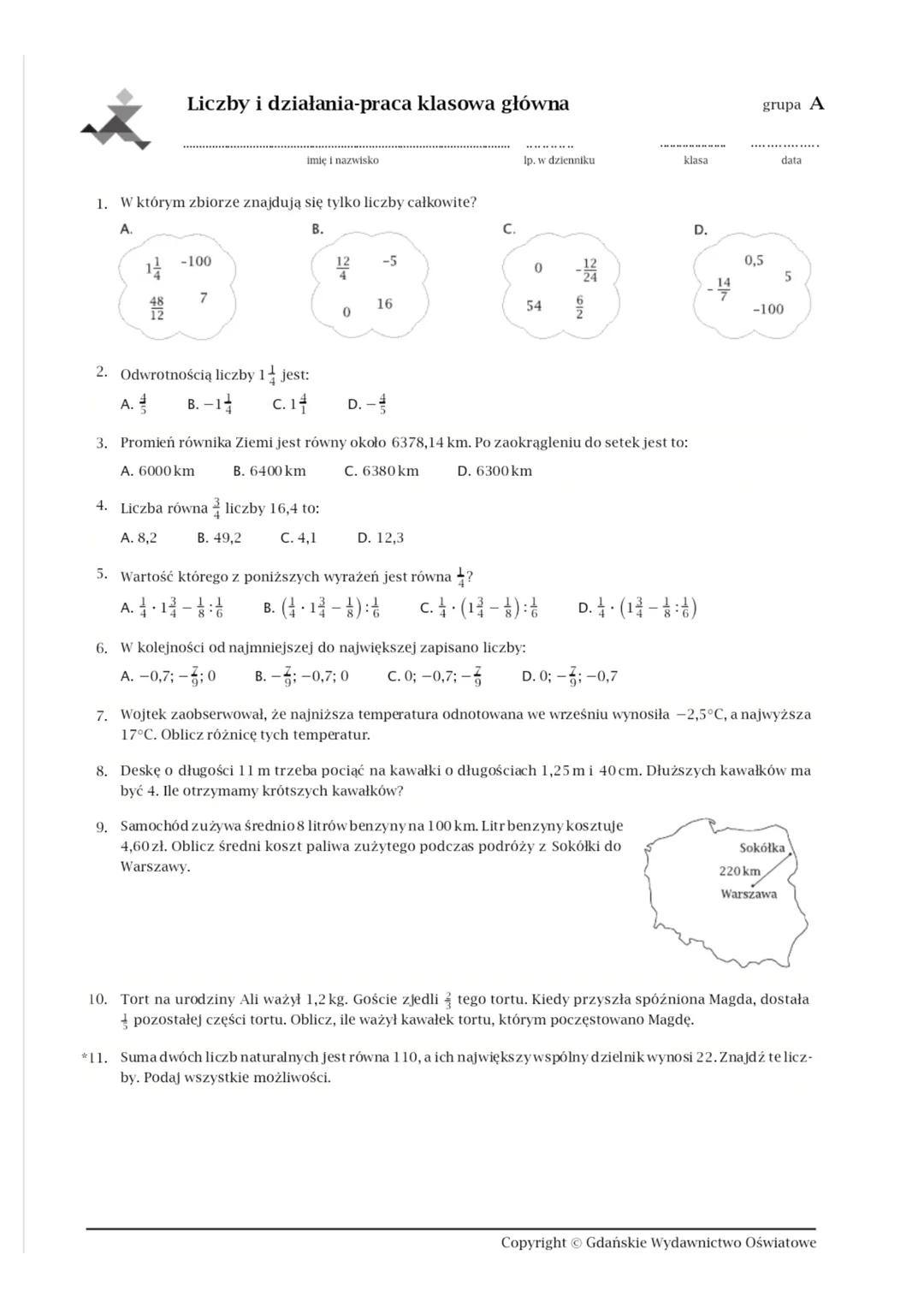 Liczby i działania - klasa 7 (Sprawdzian)