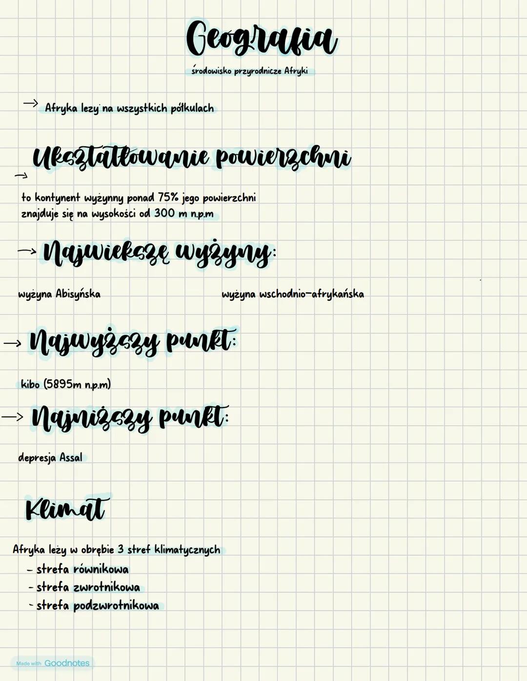 ←
Geografia
środowisko przyrodnicze Afryki
→ Afryka lezy na wszystkich półkulach
Ukcztałtowanie powierzchni
to kontynent wyżynny ponad 75% j