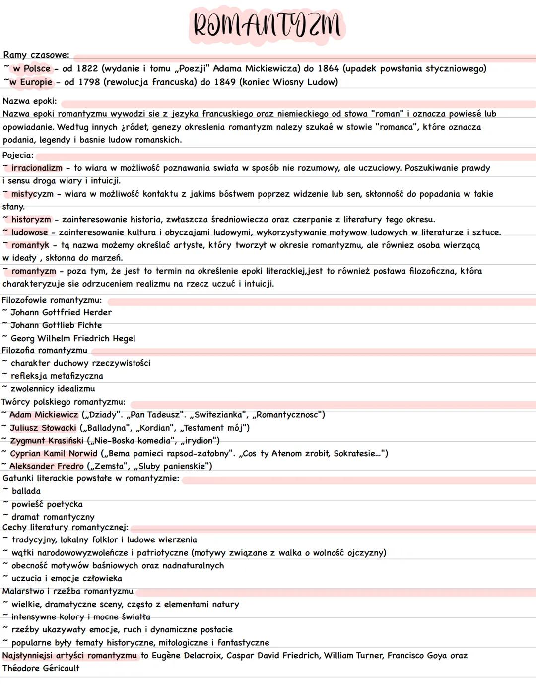 Ramy czasowe:
ROMANTYZM
~ w Polsce - od 1822 (wydanie i tomu „Poezji" Adama Mickiewicza) do 1864 (upadek powstania styczniowego)
w Europie o