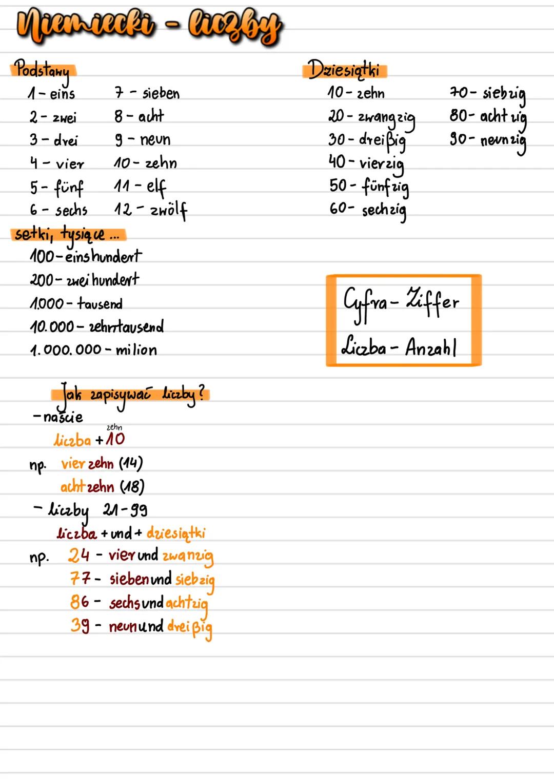 # Niemiecki - liczву
Podstawy
1-eins 7 - sieben
2-zwei 8-acht
3-dvei 9-neun
4- vier 10-zehn
5-fünf 11-elf
6-sechs 12-zwölf
setki, ty