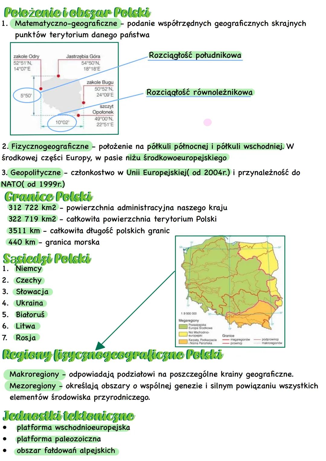 Położenie i obszar Polski
1. Matematyczno-geograficzne - podanie współrzędnych geograficznych skrajnych
punktów terytorium danego państwa
za