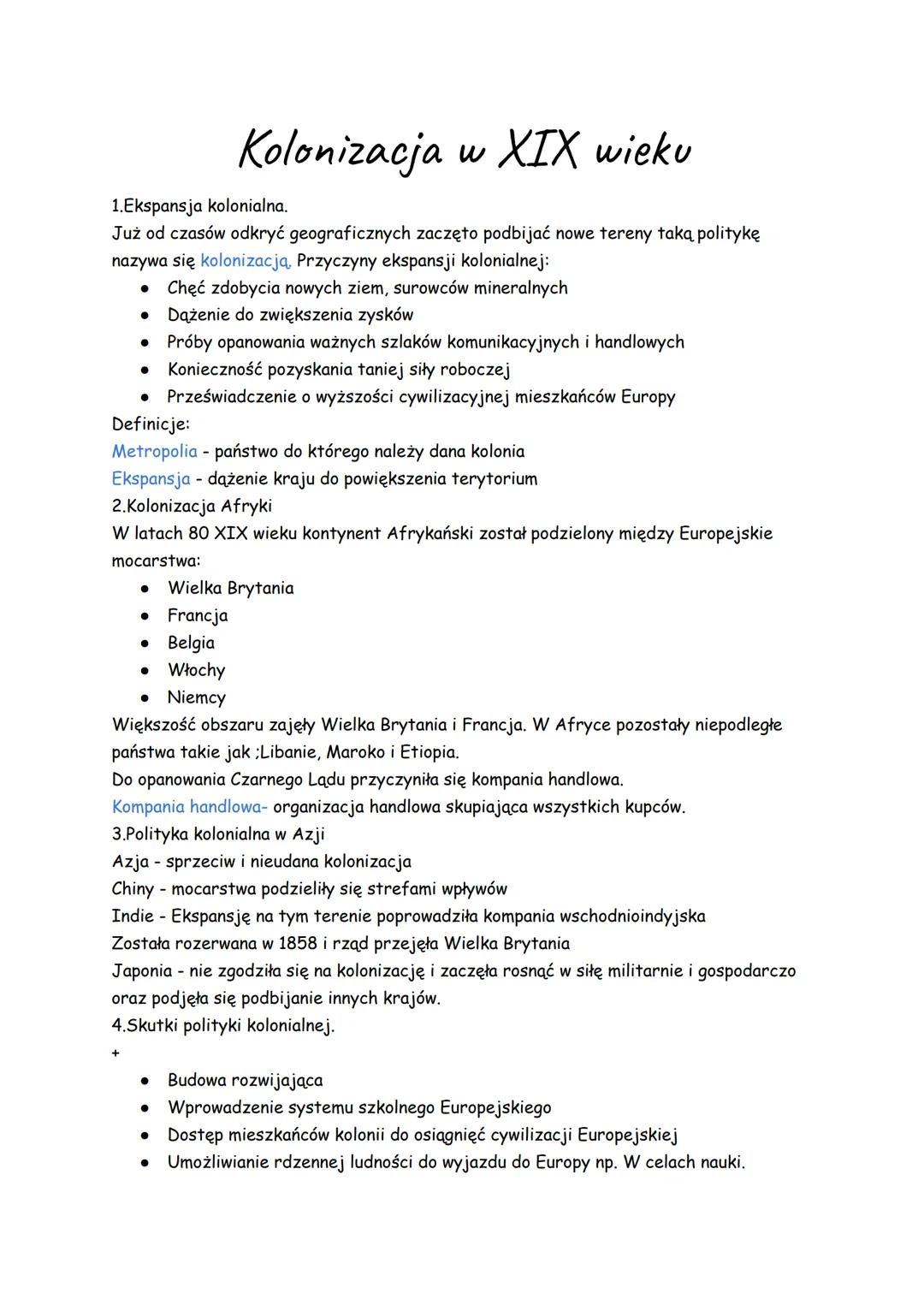 # Kolonizacja w XIX wieku
1. Ekspansja kolonialna.
Już od czasów odkryć geograficznych zaczęto podbijać nowe tereny taką politykę
nazywa s
