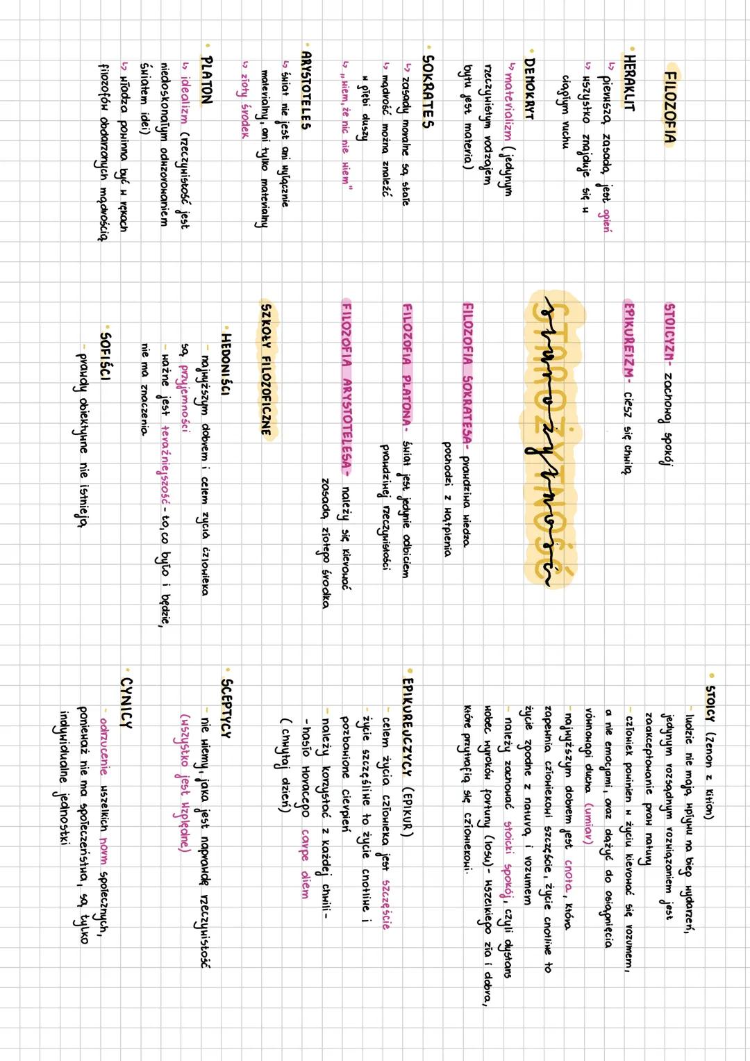 FILOZOFIA
HERAKLIT
↳ pievuszą zasada, jest opień
wszystko znajduje się w
ciągłym ruchu
⚫ DEMOKRYT
materializm (jedynym
rzeczywistym rodzajem