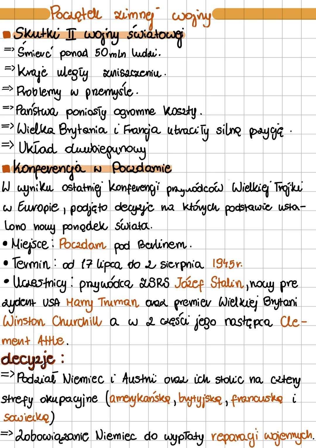# Początek zimnej wojny
- Skutki II wojny światowej
=> Smierć ponad 50mln ludzi.
=>Kraje uległy zniszczeniu.
⇒ Problemy w przemysle.
=>Państ