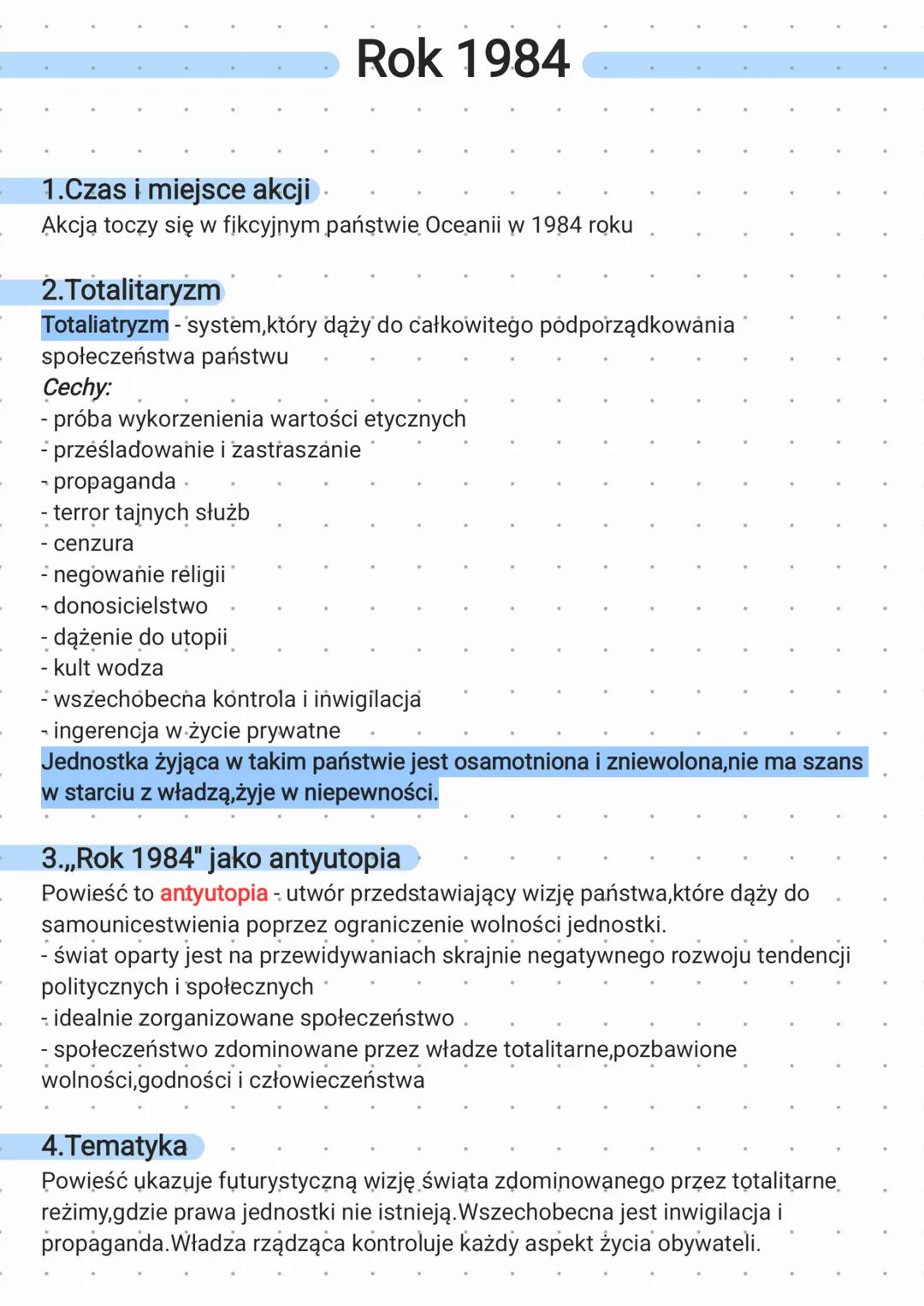 # Rok 1984
1.Czas i miejsce akcji
Akcja toczy się w fikcyjnym państwie Oceanii w 1984 roku
2. Totalitaryzm
Totaliatryzm - system, który