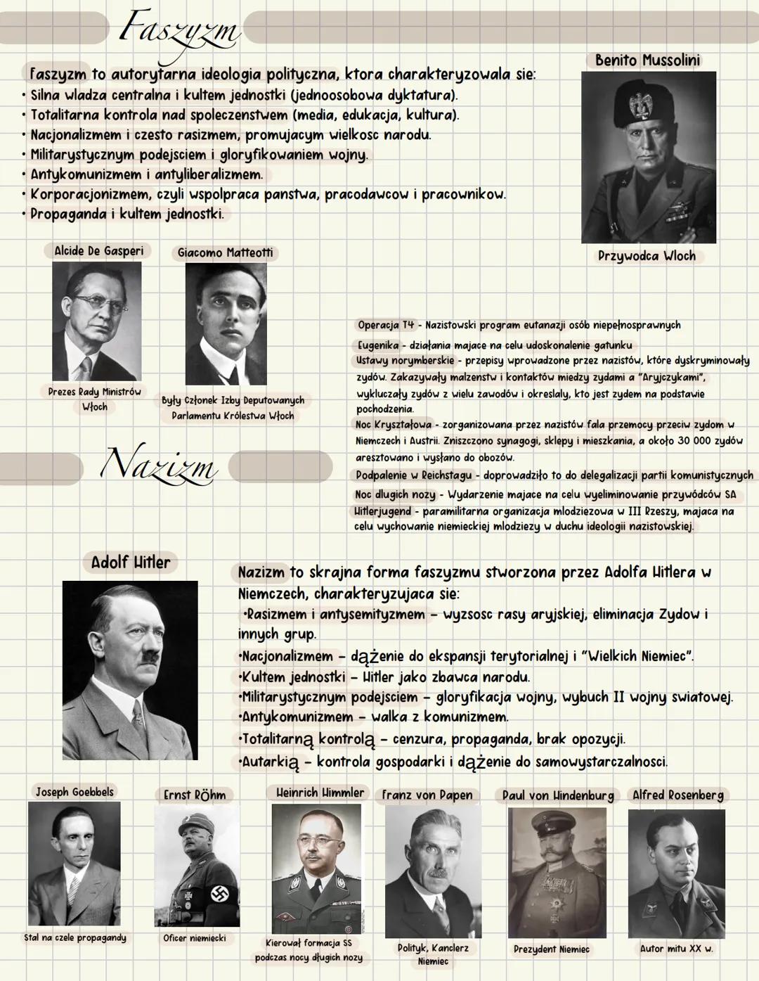 # Faszyzm
faszyzm to autorytarna ideologia polityczna, ktora charakteryzowala sie:
- Silna wladza centralna i kultem jednostki (jednoosobow