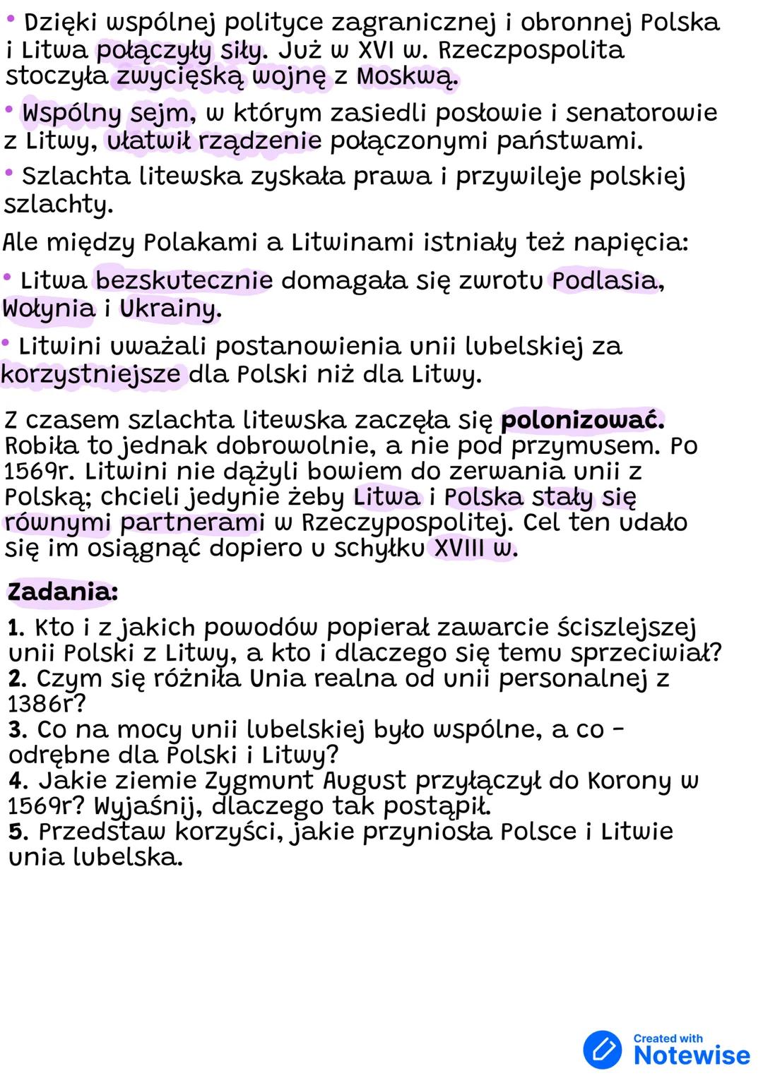 # Unia Lubelska
Unia w Krewie
• 1386r
• Unia personalna - (państwa łączy tylko osoba
władcy)
• W jej wyniku królem Polski został Władysł
