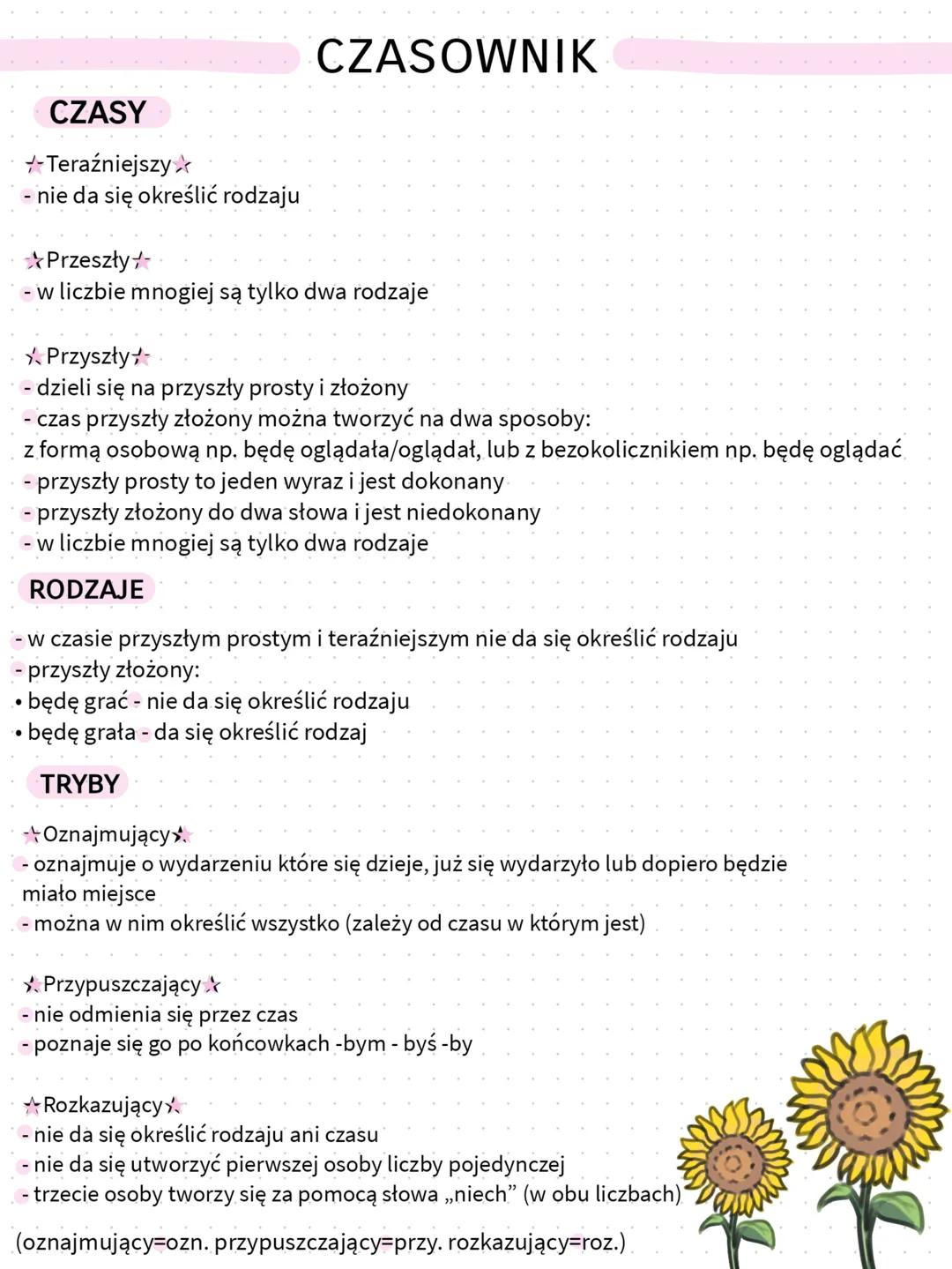 CZASOWNIK
-
CZASY
Teraźniejszy✰
nie da się określić rodzaju
Przeszły
- w liczbie mnogiej są tylko dwa rodzaje
Przyszły
- dzieli się na przys