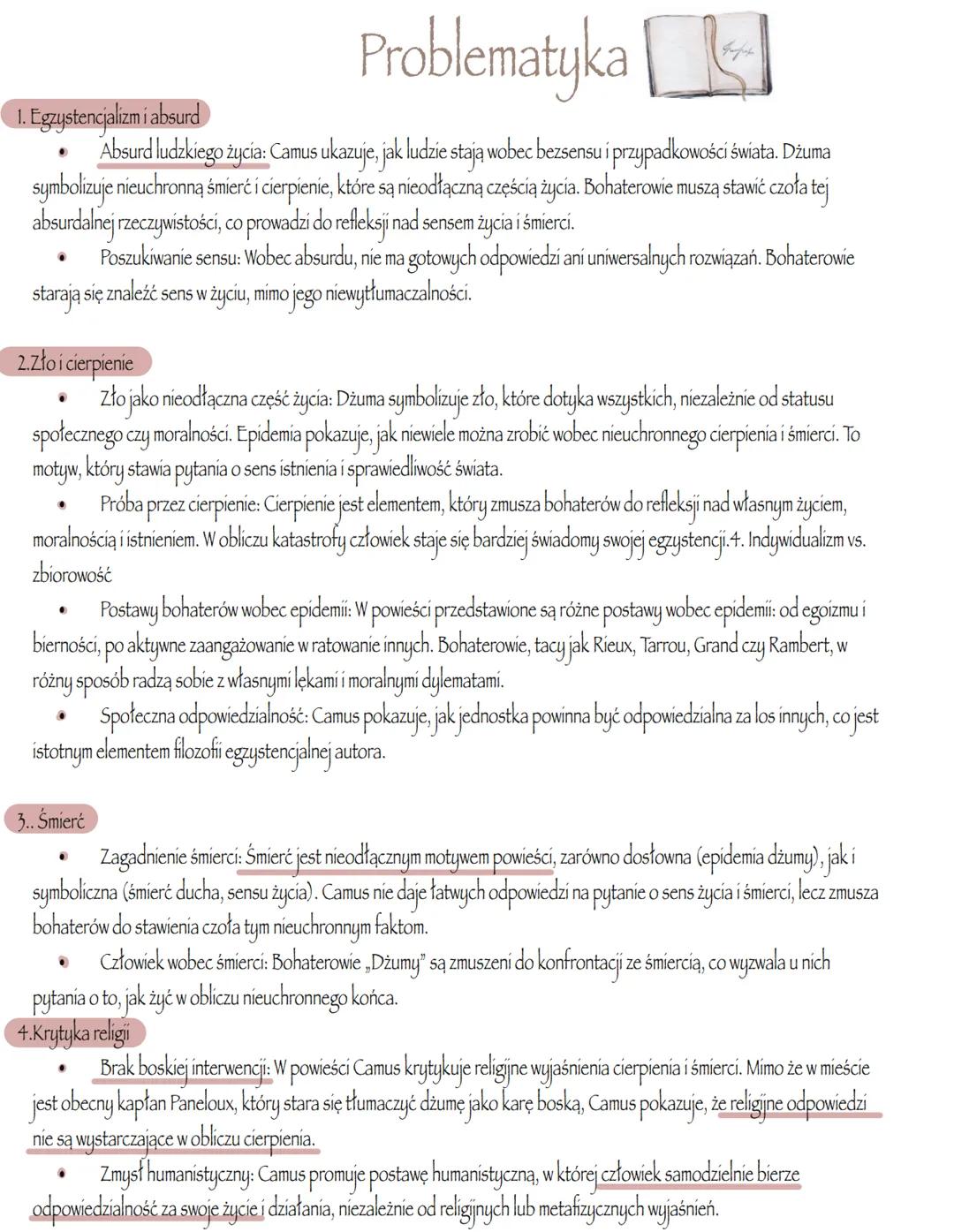 „Dżuma” Albert Camus # Problematyka
1. Egzystencjalizm i absurd
* Absurd ludzkiego życia: Camus ukazuje, jak ludzie stają wobec bezsensu