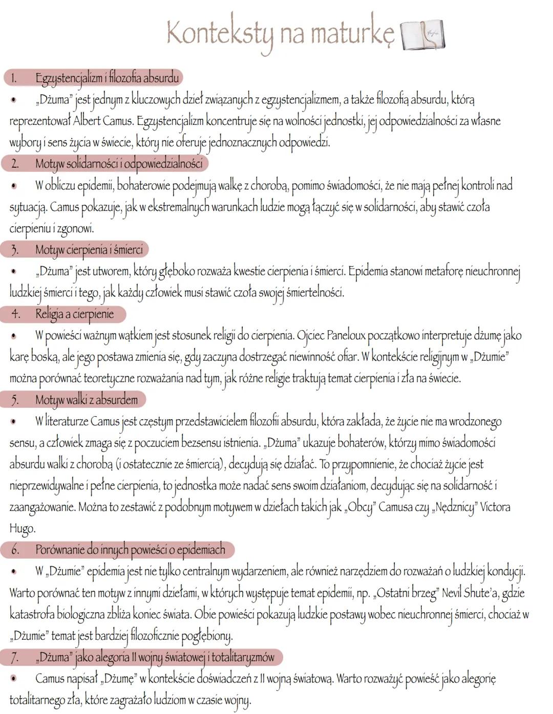 „Dżuma” Albert Camus # Problematyka
1. Egzystencjalizm i absurd
* Absurd ludzkiego życia: Camus ukazuje, jak ludzie stają wobec bezsensu