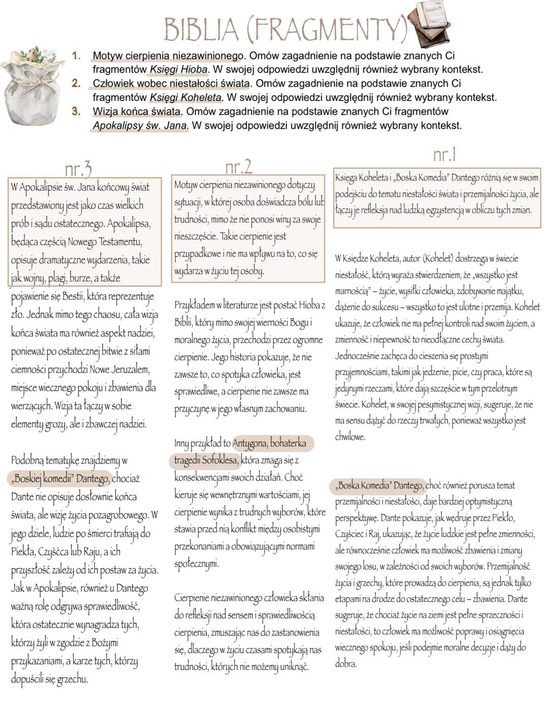 PYTANIA JAWNE
MATURA 2025
ANTYK 1.
2.
BIBLIA (FRAGMENTY)
Motyw cierpienia niezawinionego. Omów zagadnienie na podstawie znanych Ci
fragmentó