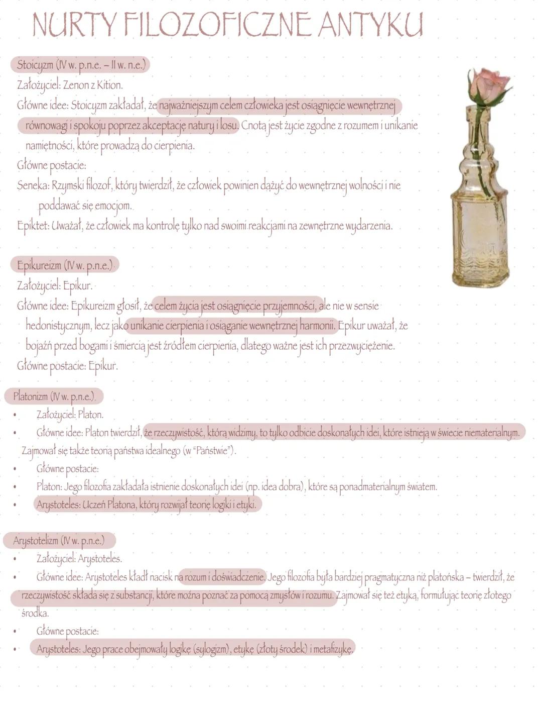 # ANTYK
# EPOKA # NURTY FILOZOFICZNE ANTYKU
Stoicyzm (IV w. p.n.e. - Il w. n.e.)
Założyciel: Zenon z Kition.
Główne idee: Stoicyzm zakła