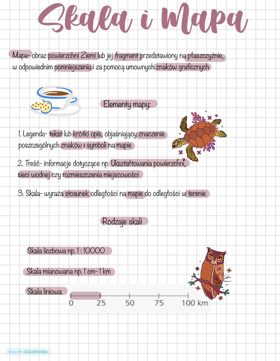 Skala i Mapa
Mapa- obraz powierzchni Ziemi lub jej fragment przedstawiony na płaszczyźnie,
w odpowiednim pomniejszeniu i za pomocą umownych
