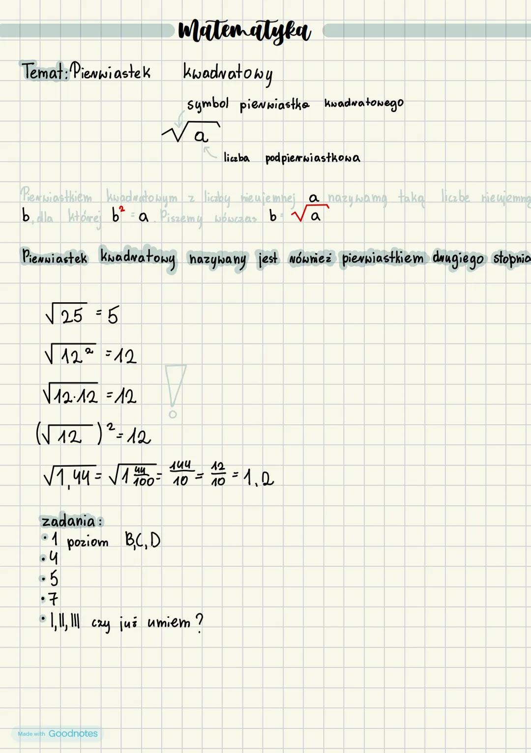 Matematyka
kwadratowy
symbol pierwiastko kwadratowego
Temat: Pierwiastek
Na
liczba podpierwiastkowa
Pierwiastkiem kwadratowym z liczby nieuj