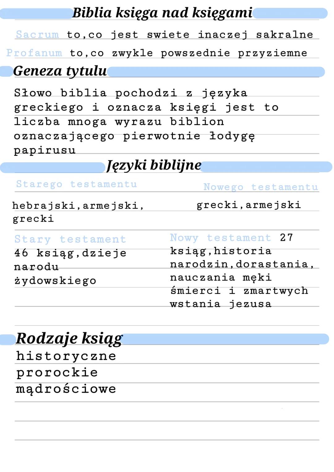 # Biblia księga nad księgami
Sacrum to, co jest swiete inaczej sakralne
Profanum to, co zwykle powszednie przyziemne
## Geneza tytulu
Słowo