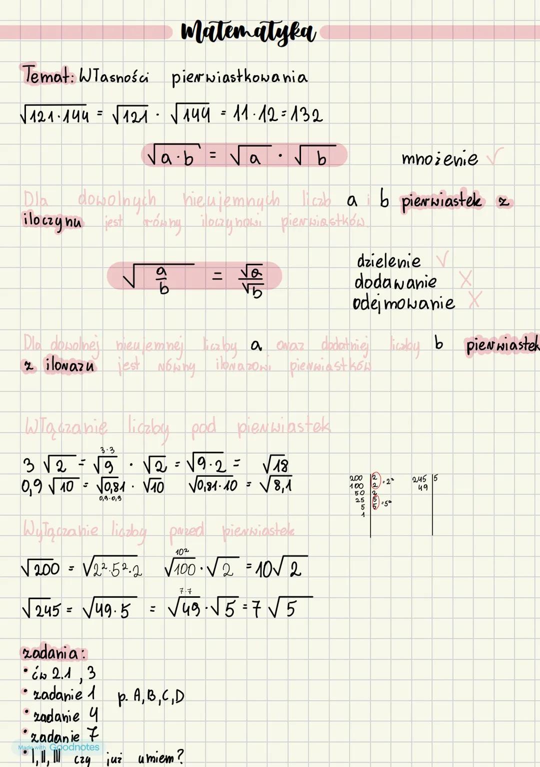 # Matematyka
Temat: Własności pierwiastkowania
$\sqrt{121\cdot144} = \sqrt{121} \cdot \sqrt{144} = 11\cdot12=132$
$\sqrt{a\cdot b}= \sqrt