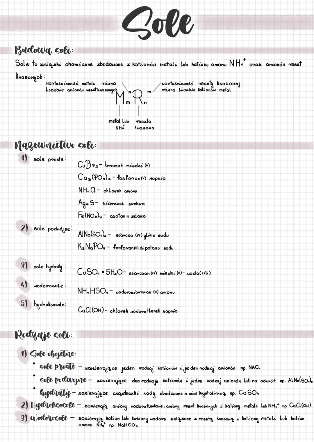Sole
Budowa soli
Sole to nighi chemiczne zbudowane & kationów metali lub nationu amonu
KHOBONYCH
Hartościowość metalu równa
Liczbie anionów