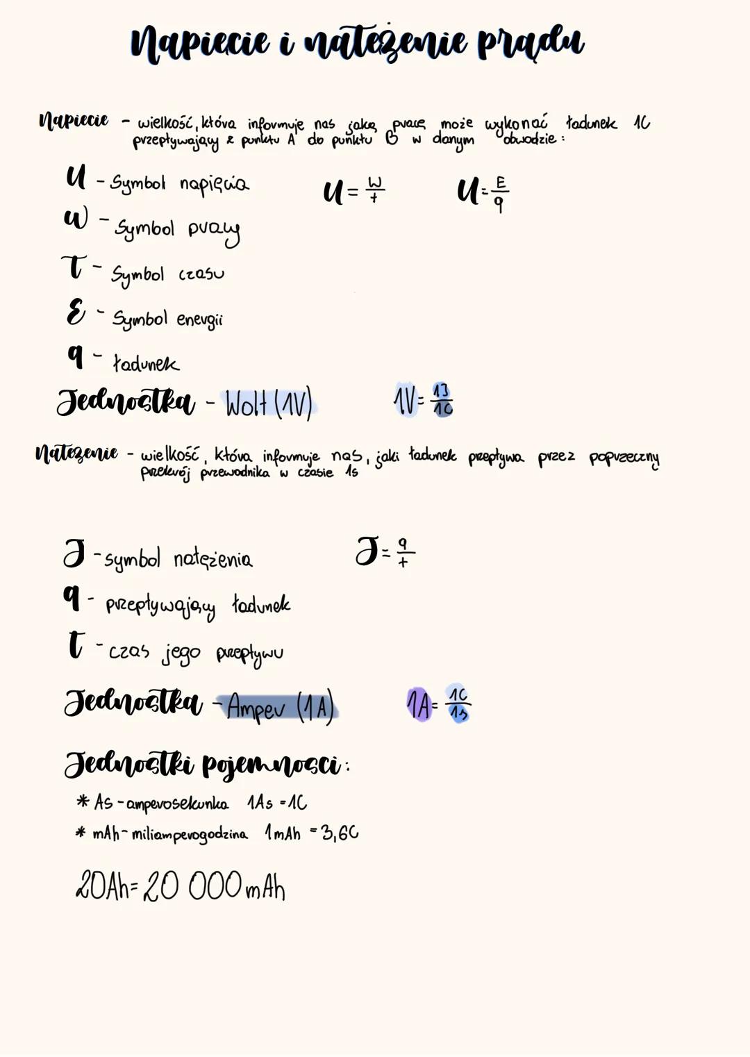 # Napiecie i natezenie prądu
Napiecie - wielkość, która informuje nas jaka pracę może wykonać ładunek 1C
przepływający z punktu A do punktu