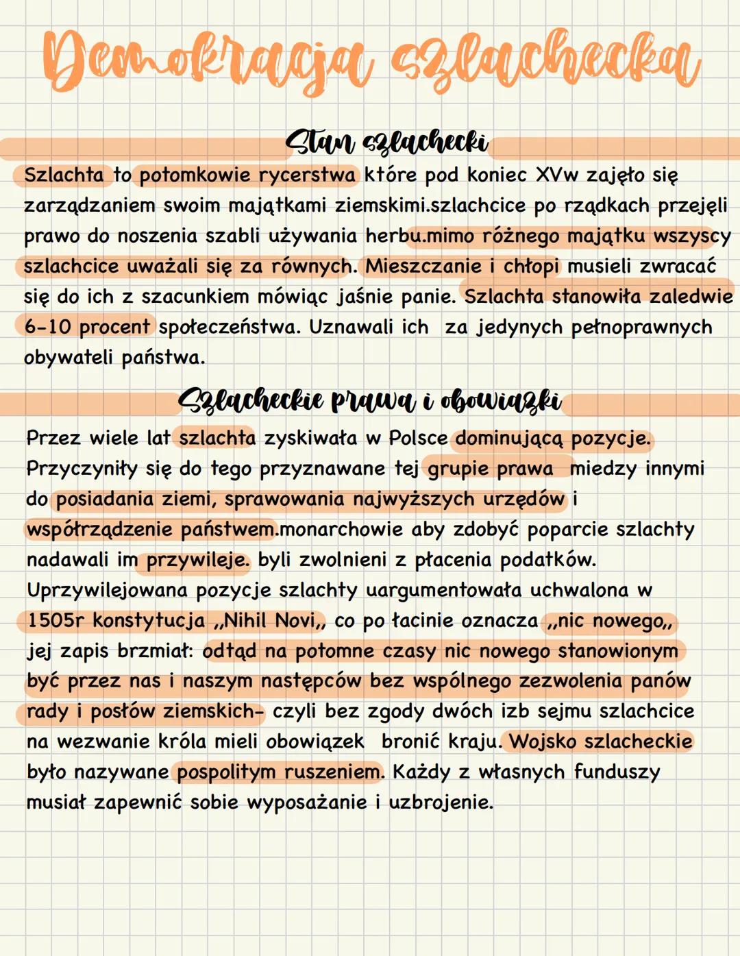 # Demokracja szlachecka
## Stan szlachecki
Szlachta to potomkowie rycerstwa które pod koniec XVw zajęło się
zarządzaniem swoim majątkami z