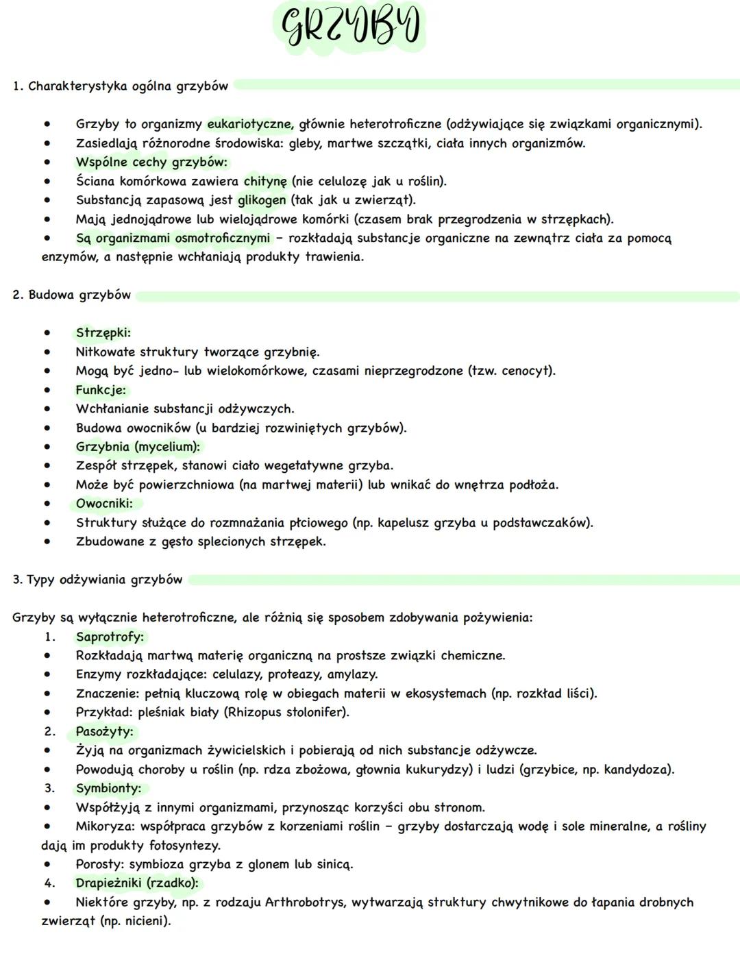 # GRZYBY
1. Charakterystyka ogólna grzybów
* Grzyby to organizmy eukariotyczne, głównie heterotroficzne (odżywiające się związkami organ