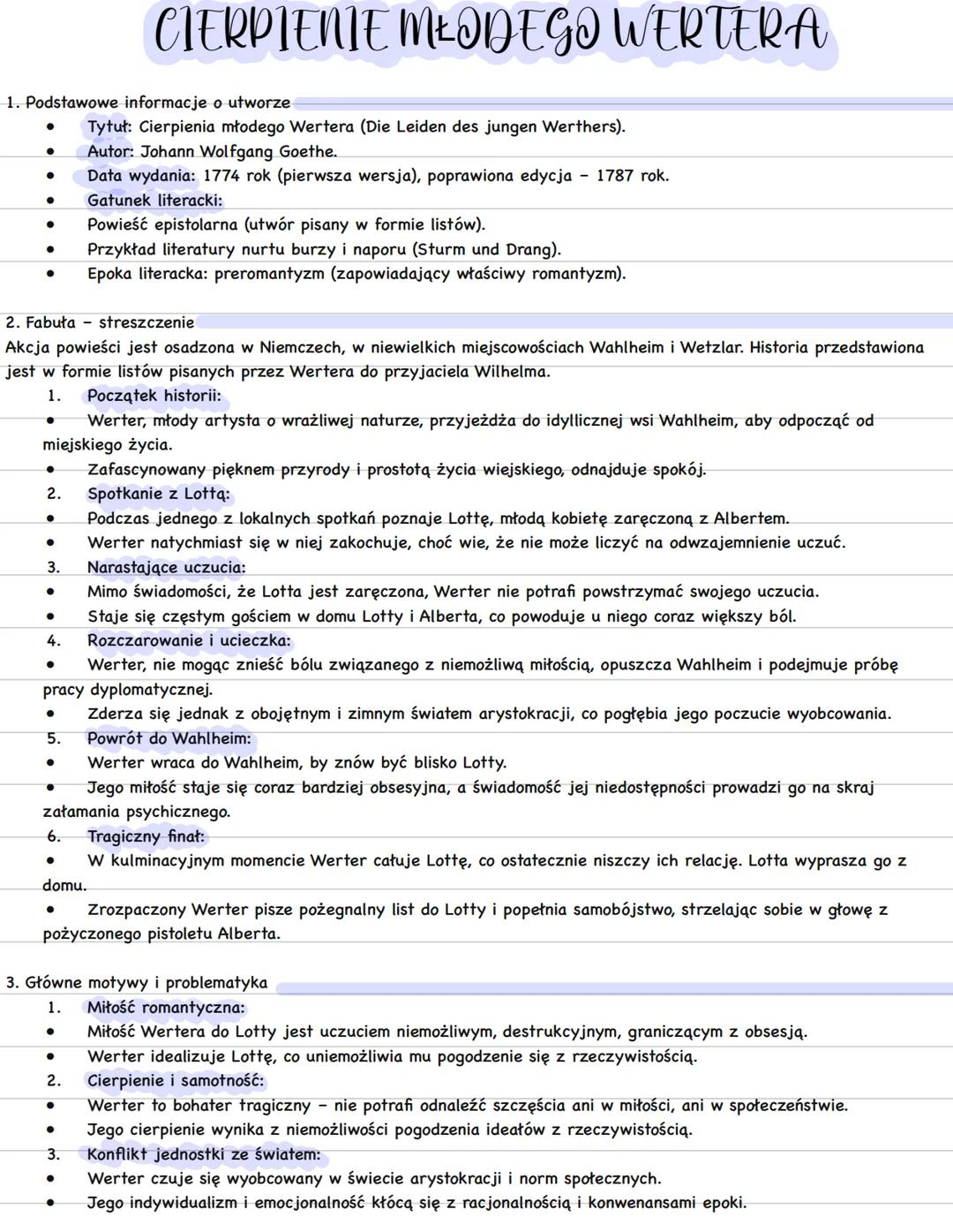 CIERPIENIE MŁODEGO WERTERA
1. Podstawowe informacje o utworze
•
•
•
Tytuł: Cierpienia młodego Wertera (Die Leiden des jungen Werthers).
Auto
