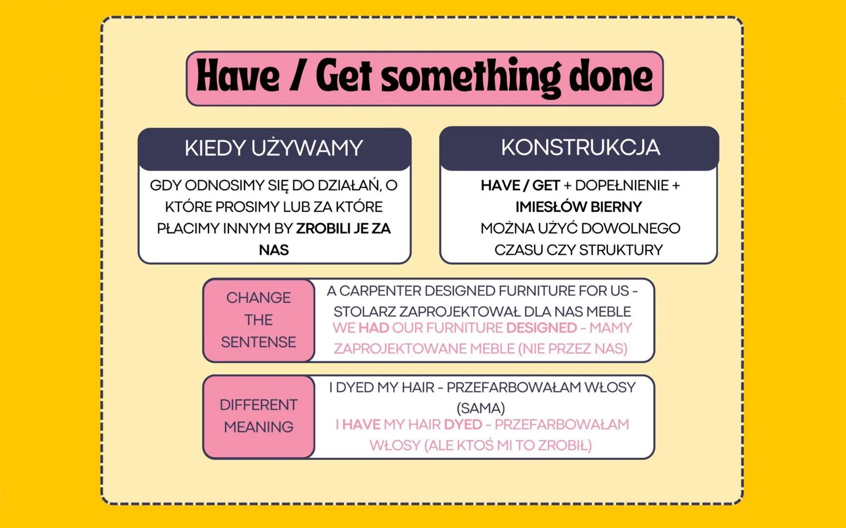 Have/Get something done
KIEDY UŻYWAMY
GDY ODNOSIMY SIĘ DO DZIAŁAŃ, O
KTÓRE PROSIMY LUB ZA KTÓRE
PŁACIMY INNYM BY ZROBILI JE ZA
NAS
CHANGE
TH