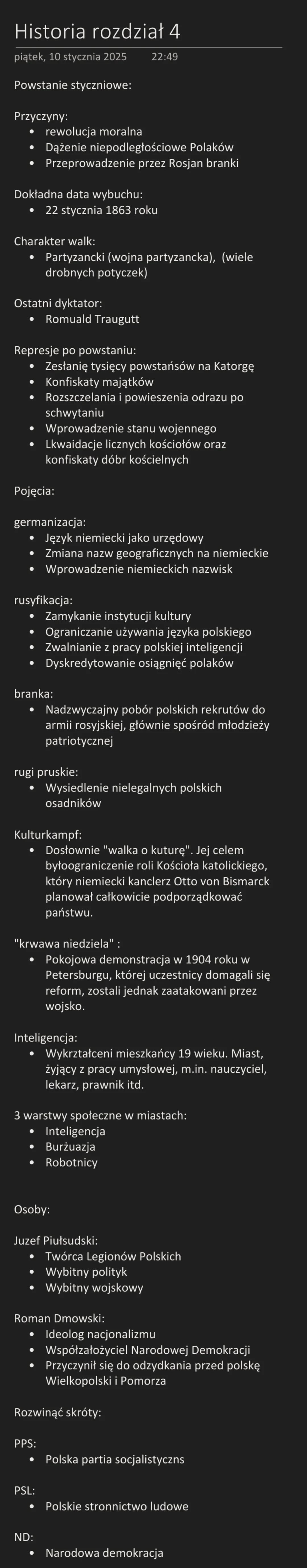 # Historia rozdział 4
piątek, 10 stycznia 2025 22:49
Powstanie styczniowe:
Przyczyny:
- rewolucja moralna
- Dążenie niepodległościowe Pola