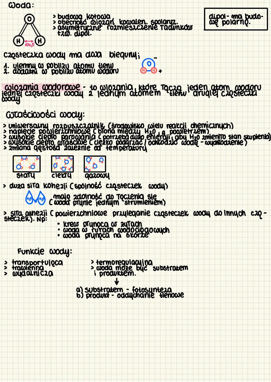 Woda:
H H
> budowa kotowa
> obecność wigzari kowalen. Spolaryz.
> asymetryczne rozmieszczenie Tadunkow
tzw. dipol.
Caosteczka wody ma dwa
