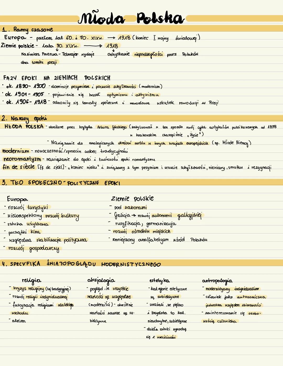 # Mioda Polska
1. Ramy czasowe
Europa - pretom lat 60. i 70. XIXN. $\rightarrow$ 1918 (koniec I wojny światowej)
Ziemie polskie - lata 90.