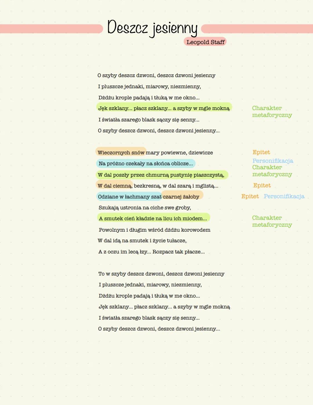 # Deszcz jesienny
Leopold Staff
O szyby deszcz dzwoni, deszcz dzwoni jesienny
I pluszcze jednaki, miarowy, niezmienny,
Dżdżu krople padają