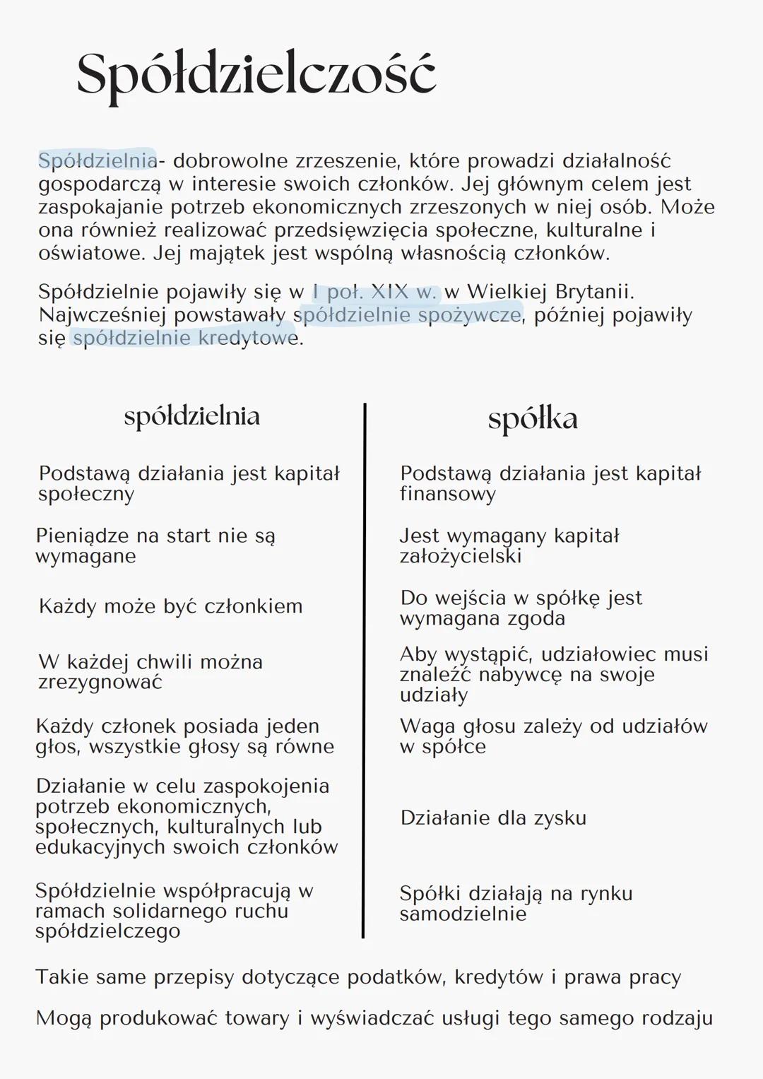 Spółdzielczość
Spółdzielnia- dobrowolne zrzeszenie, które prowadzi działalność
gospodarczą w interesie swoich członków. Jej głównym celem je