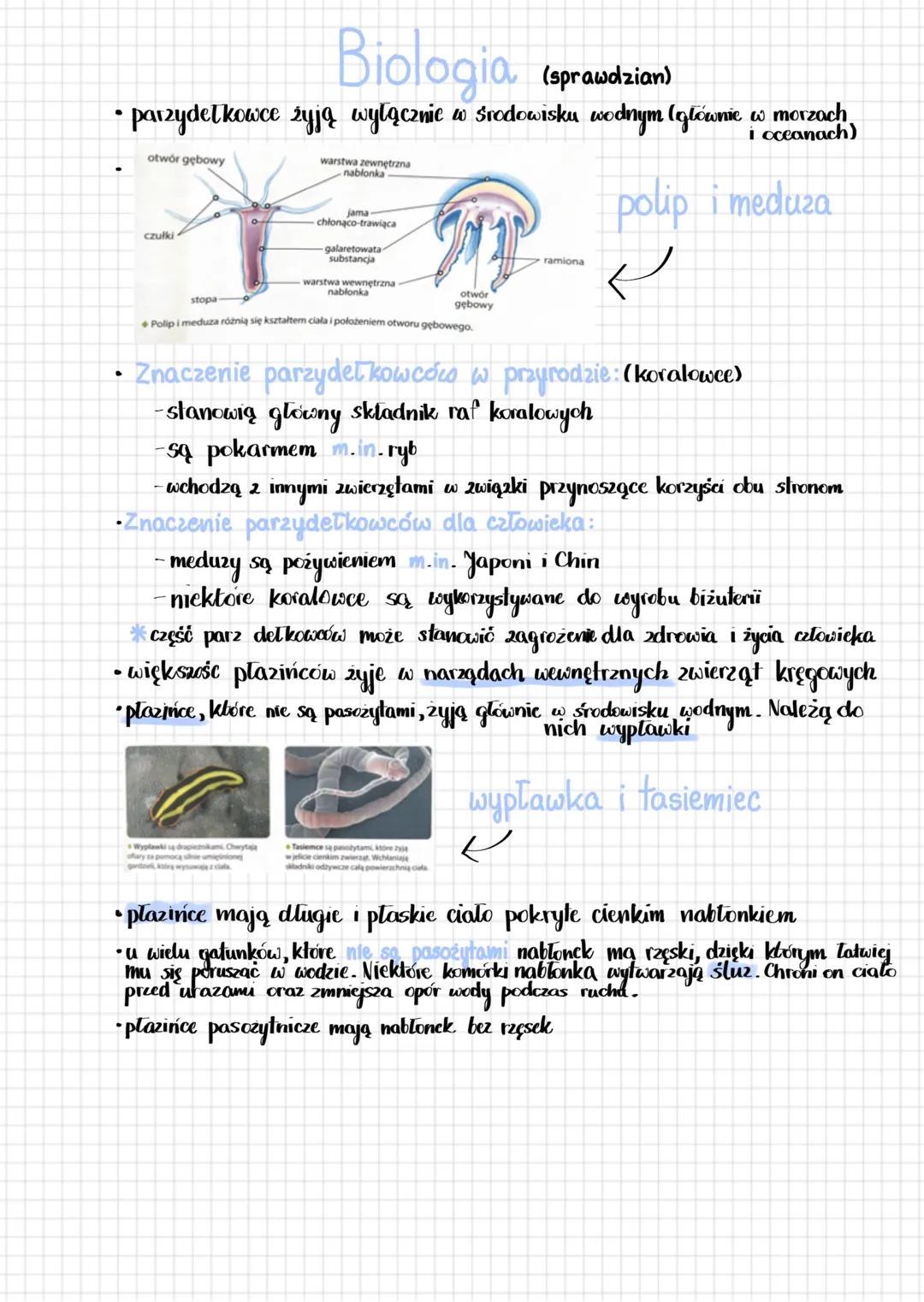 Biologia
(sprawdzian)
• parzydełkowce żyją wyłącznie w środowisku wodnym (głównie w morzach
otwór gębowy
i oceanach)
warstwa zewnętrzna
nabl