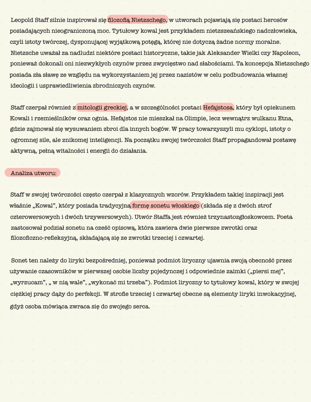 Kowal
Leopold Staff
Całą bezkształtną masę kruszców drogocennych,
Które zaległy piersi mej głąb nieodgadłą,
Jak wulkan z swych otchłani wyrz