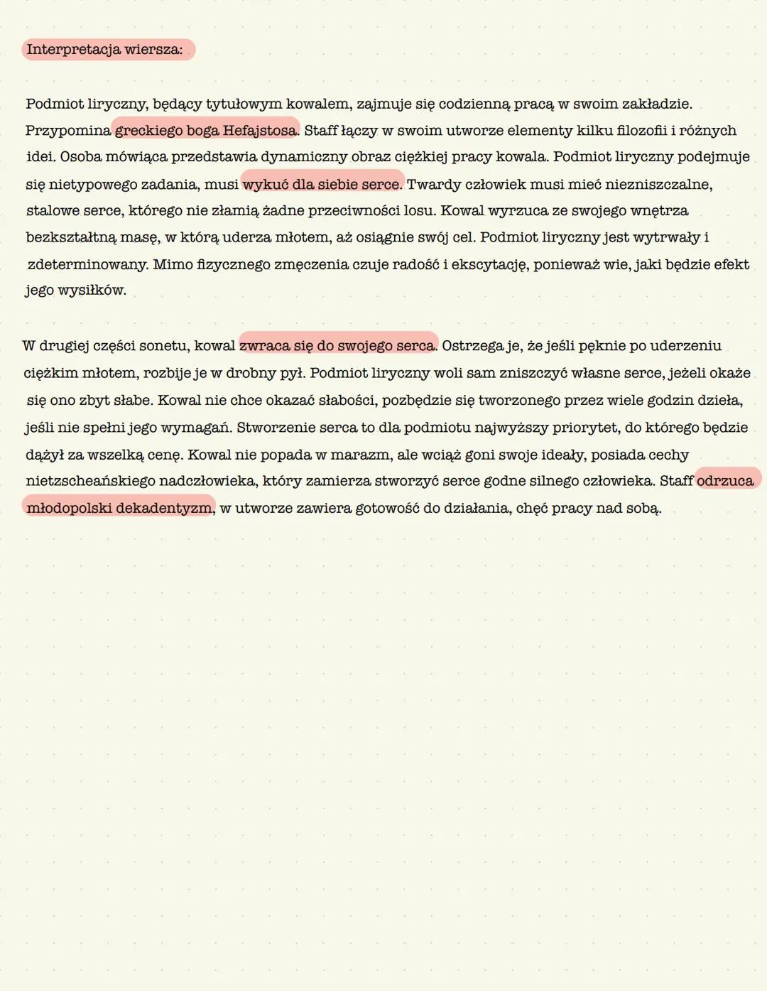 Kowal
Leopold Staff
Całą bezkształtną masę kruszców drogocennych,
Które zaległy piersi mej głąb nieodgadłą,
Jak wulkan z swych otchłani wyrz