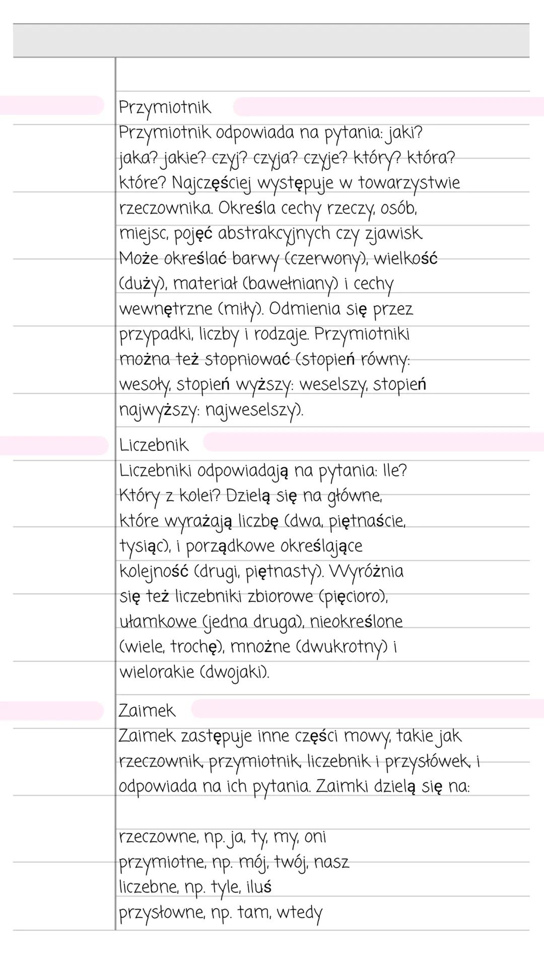 # Odmienne części mowy
Rzeczownik
Rzeczownik odpowiada na pytania: kto? co? Ta
część mowy określa rzeczy, miejsca, osoby,
zjawiska, cechy,