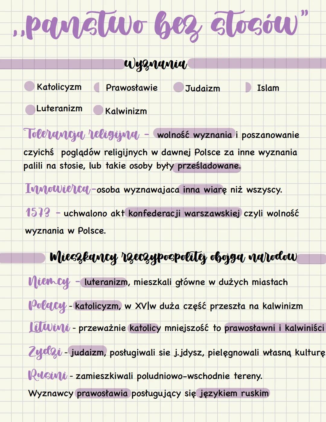 # „panstwo bez stosów”
## Wyznania
Katolicyzm Prawosławie Judaizm Islam
Luteranizm Kalwinizm
Tolerancja religijna - wolność wyznania i p
