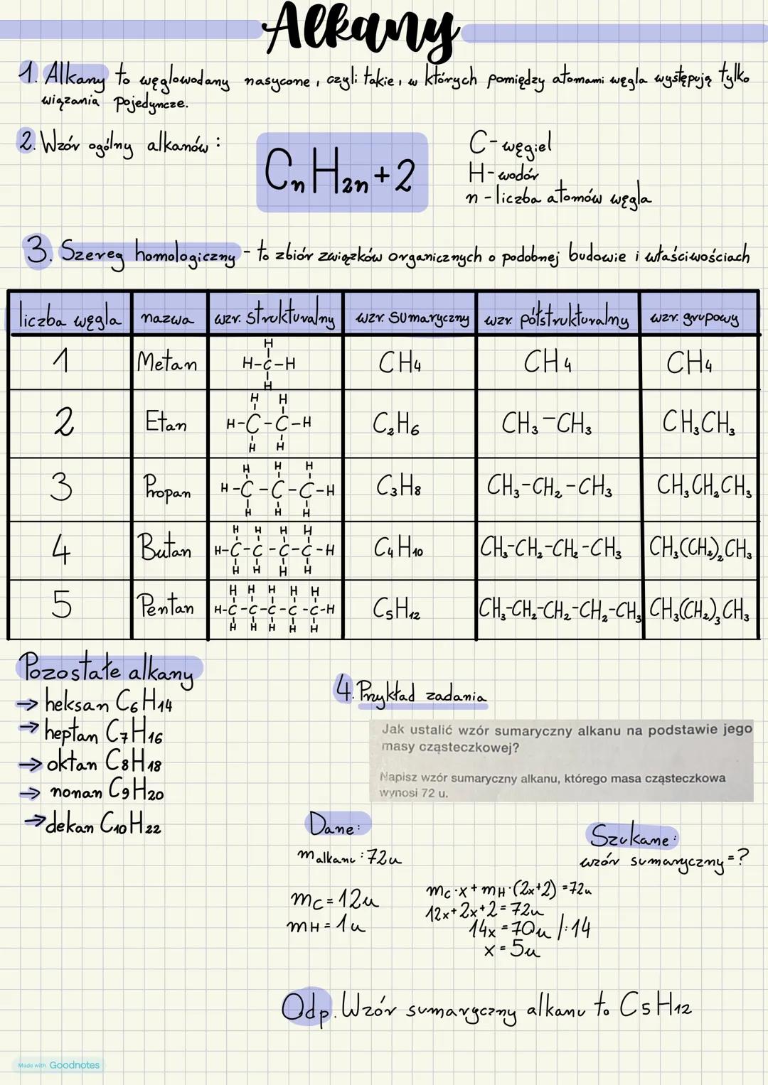 # Alkany
1. Alkany to węglowodany nasycone, czyli takie, w których pomiędzy atomami węgla występują tylko
wiązania Pojedyncze.
2. Wzór og