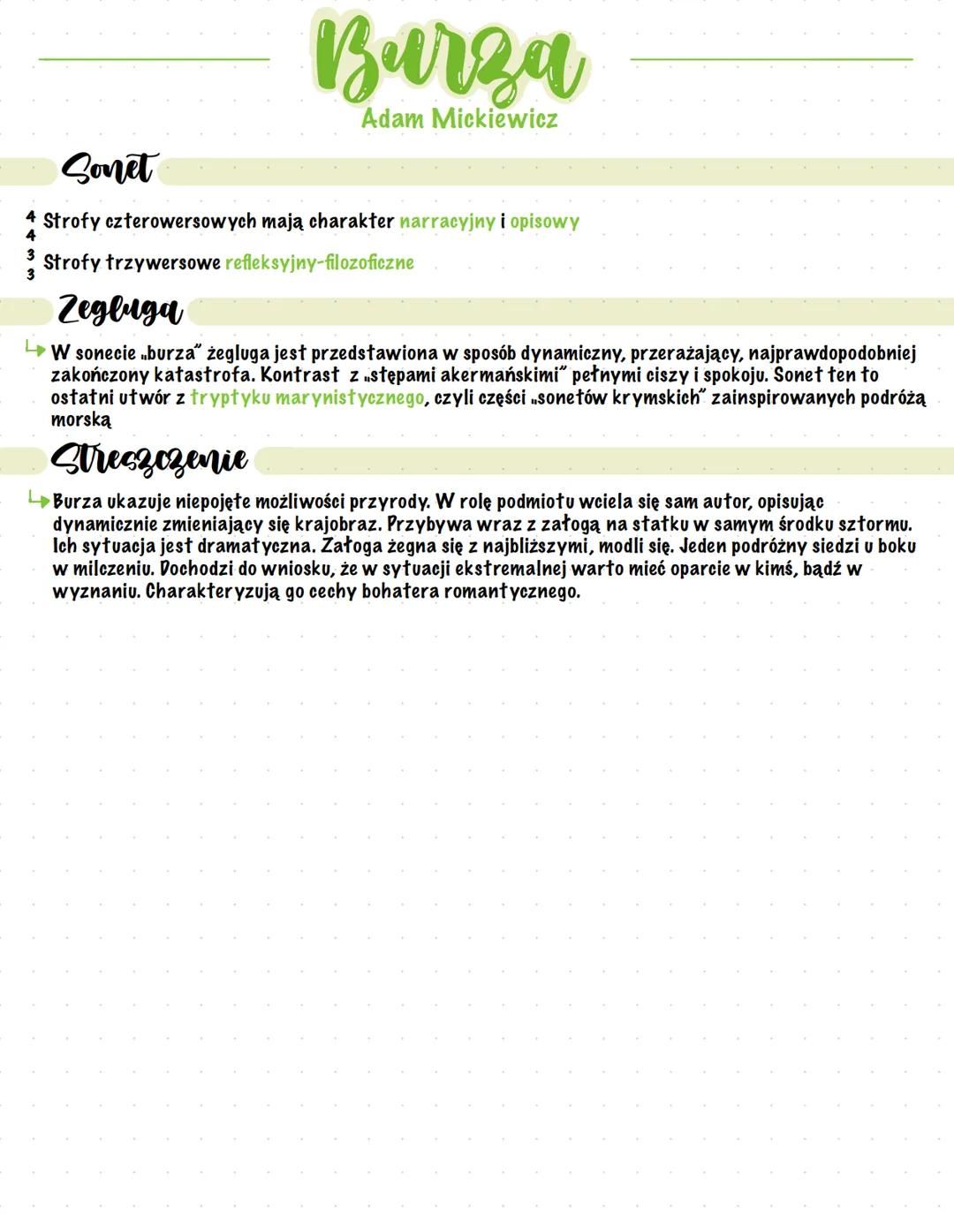 Burza
Adam Mickiewicz
Sonet
4 Strofy czterowersowych mają charakter narracyjny i opisowy
4
3
Strofy trzywersowe refleksyjny-filozoficzne
Zeg