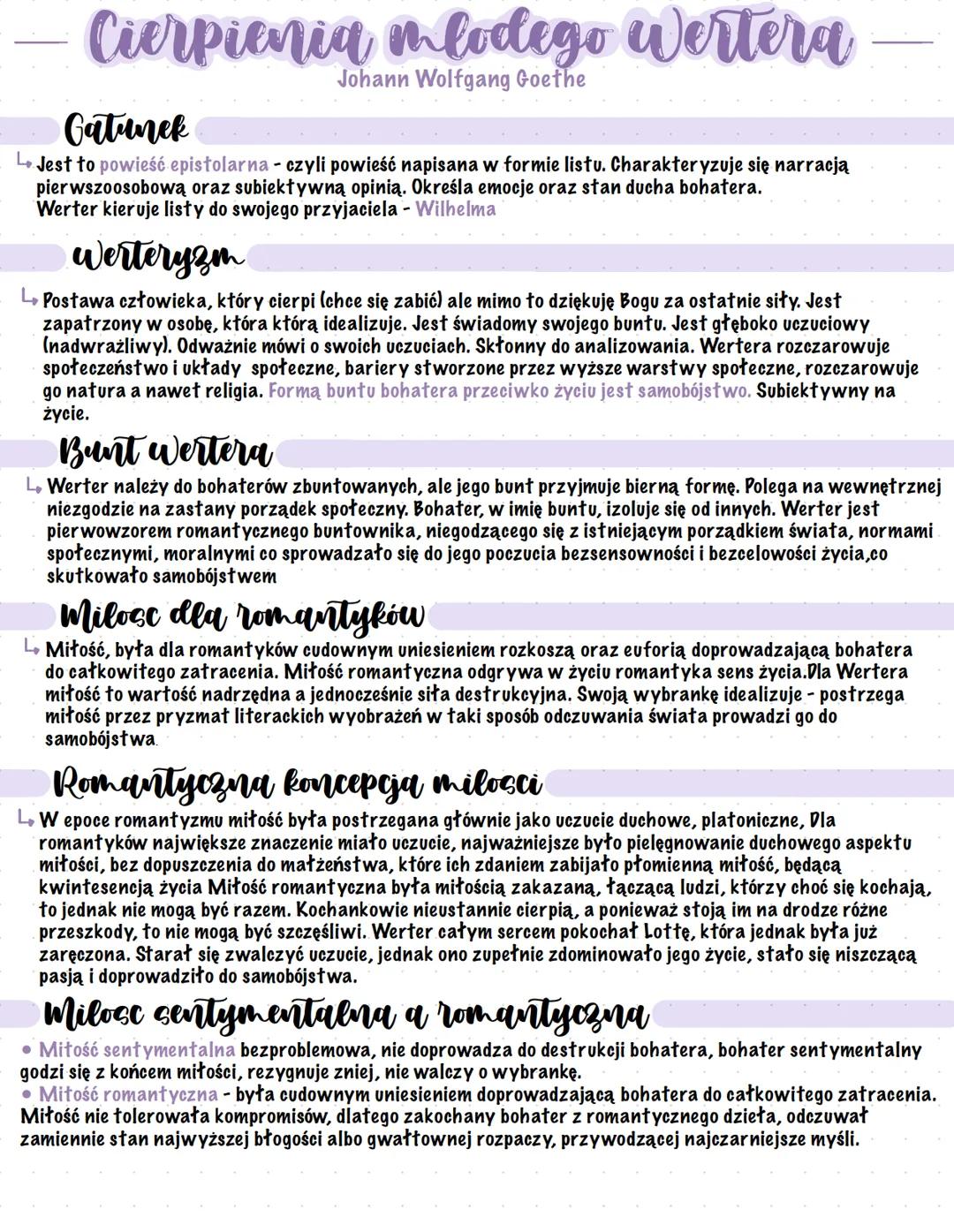 Cierpienia mlodego Wertera
Gatunek
Johann Wolfgang Goethe
↳ Jest to powieść epistolarna - czyli powieść napisana w formie listu. Charakteryz